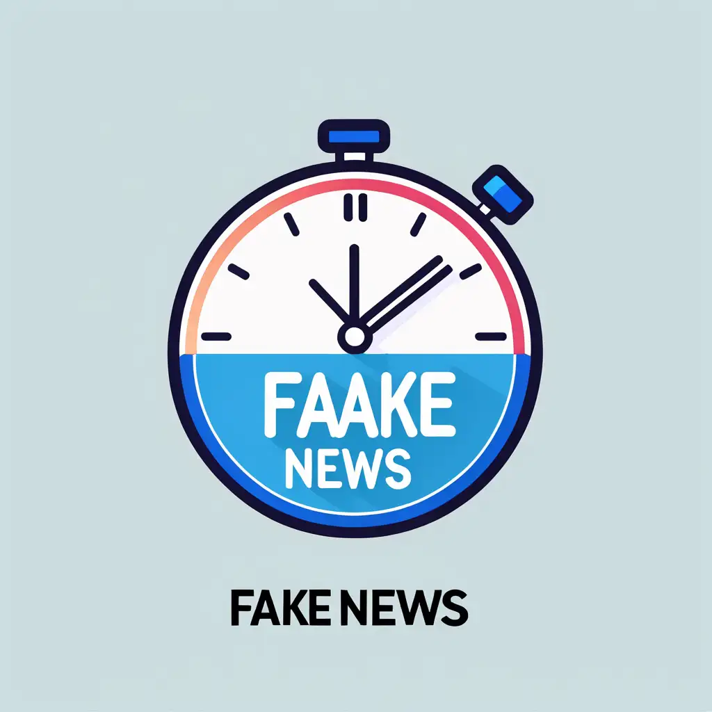 Create me a color icon that shows how to recognize fake news and false information. The icon should contain a clock and the text: "Fake news"