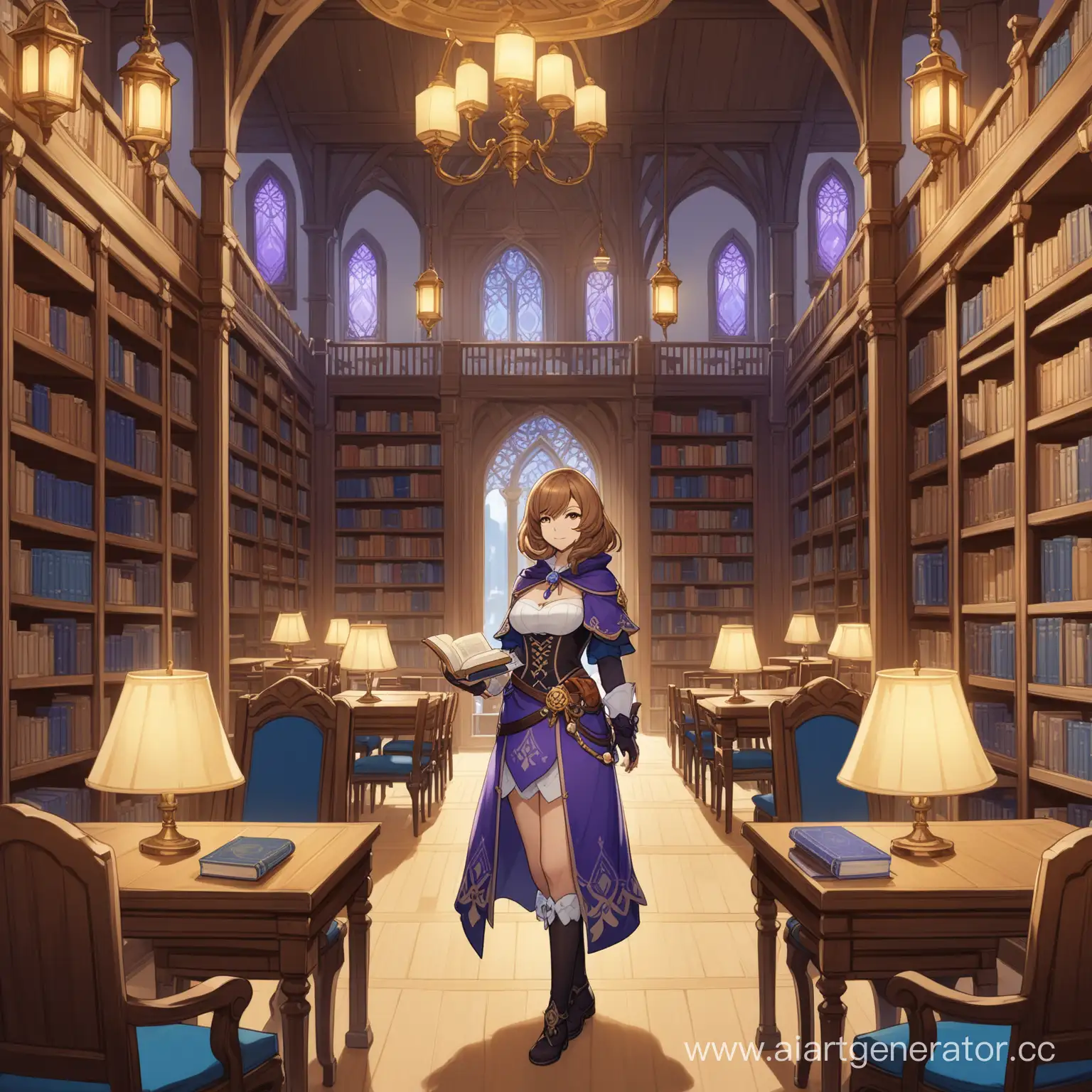 персонаж Лиза из игры Genshin Impact, в полный рост, стоит с книгой, вокруг книжные полки, вокруг столы, вокруг стулья, вокруг светильники, библиотека