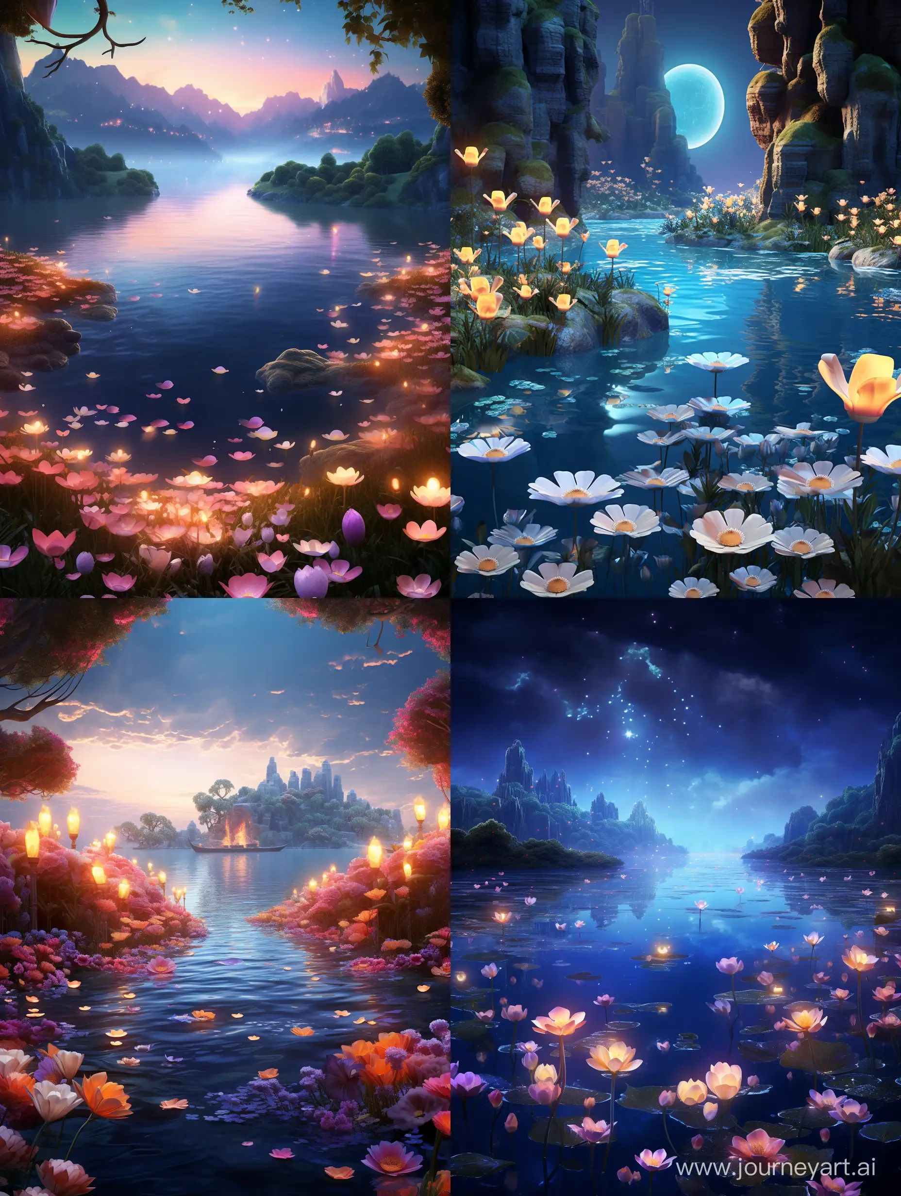 Visualize a serene lake surrounded by floating islands, each adorned with glowing flowers that dance with the breeze.