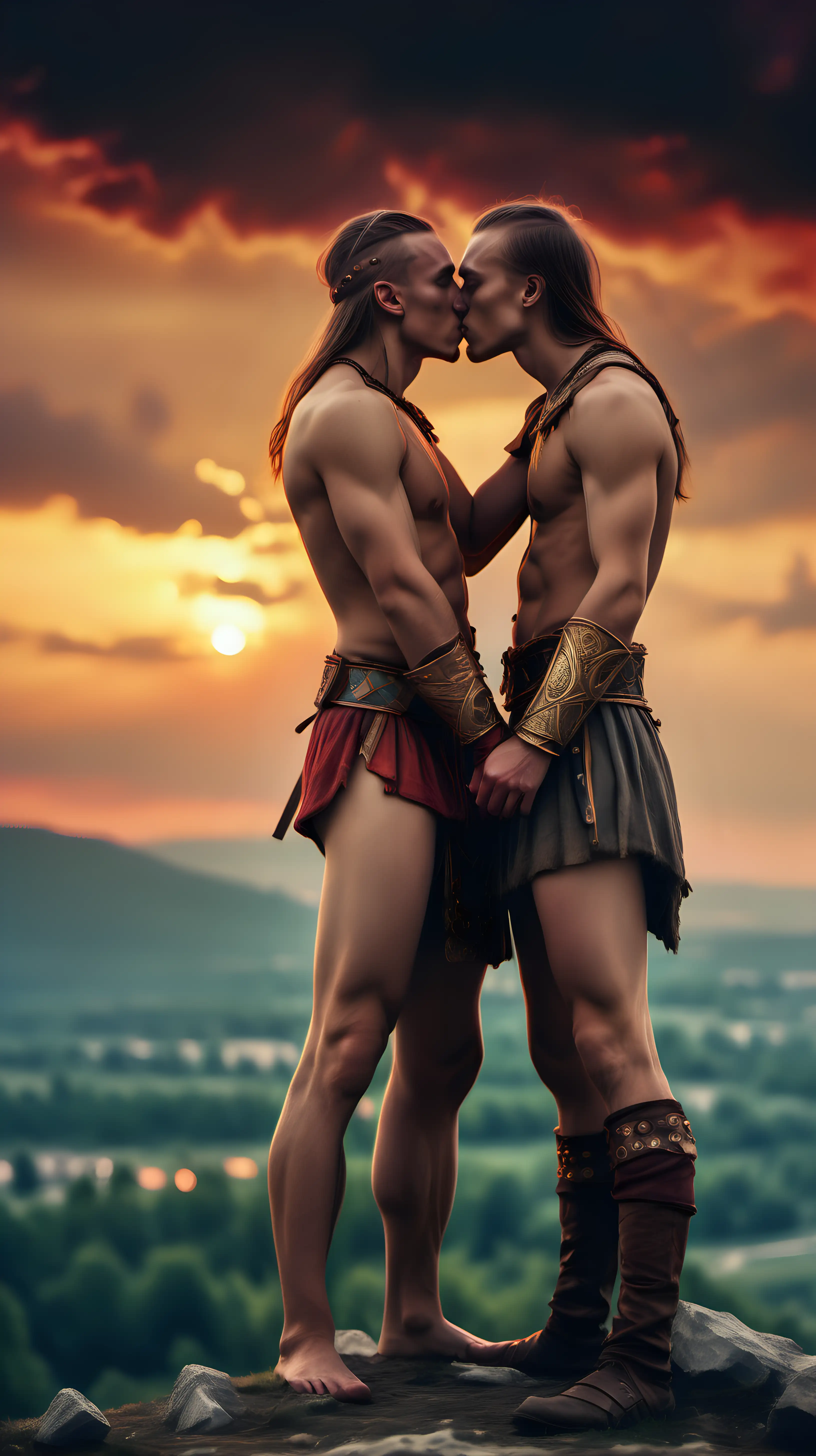 two young half naked male slavic warriors kissing and overlooking a wide archaic battlefield, colorful sunset clouds big mountains vivid uhd 8k very atmospheric Nikkon professional photography half naked slavic warriors showing wild love to each other extremely photorealistic high detailed sharp focus intricate romantic cinematic 