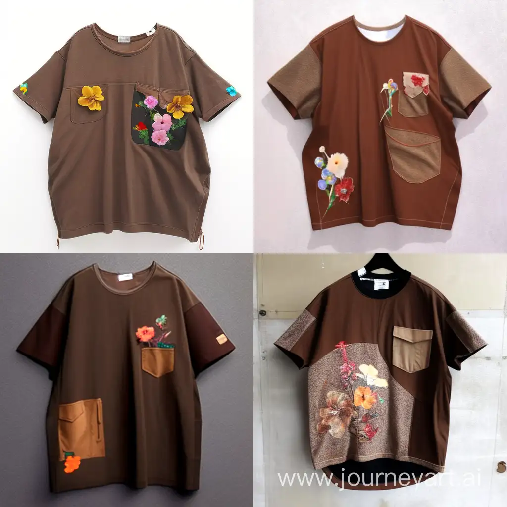 Casual-Brown-TShirt-with-3D-Seam-Outline-and-Floral-Accents