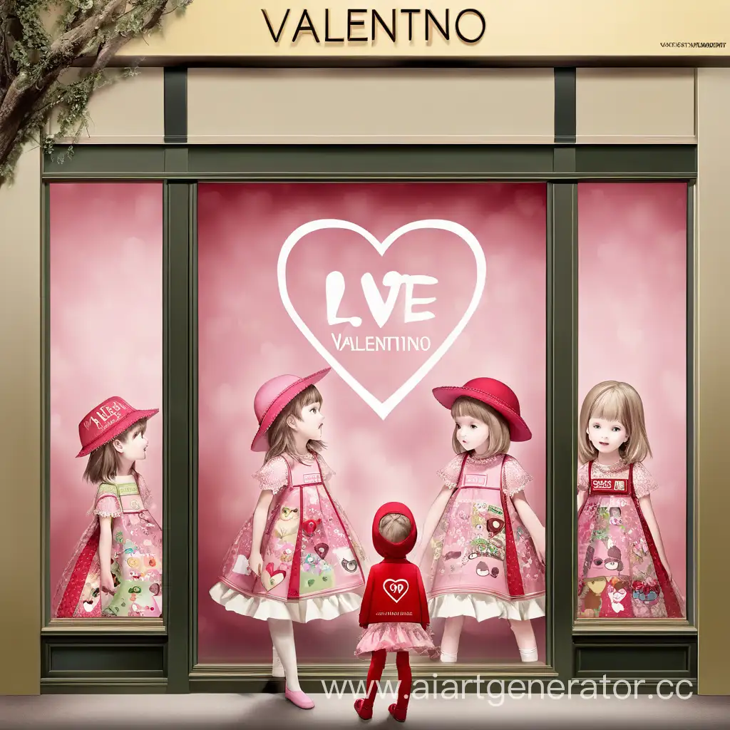 Создай мне картинку олицетворяющую рекламу для запуска новой коллекции детской одежды от Valentino, которая имеет благотворительный мотив помощи детям. Используй только текст VALENTINO. Изобрази детей на фоне витрины магазины в одежде с логотипом Valentino, используй на картинке сердца, передай любовь и теплоту через это изображение
  