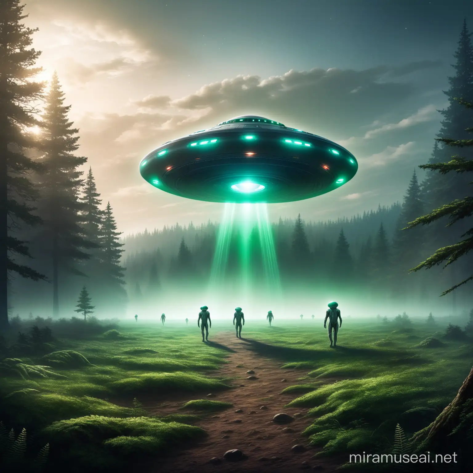 a ufo that has landed in a clearing. aliens walk around on the ground