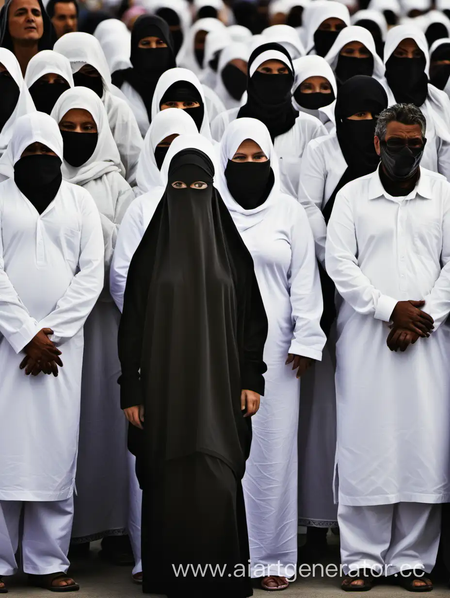 Мусульманка в черном широком одеянии с закрытым лицом
Стоит среди множества людей в белых одеждах