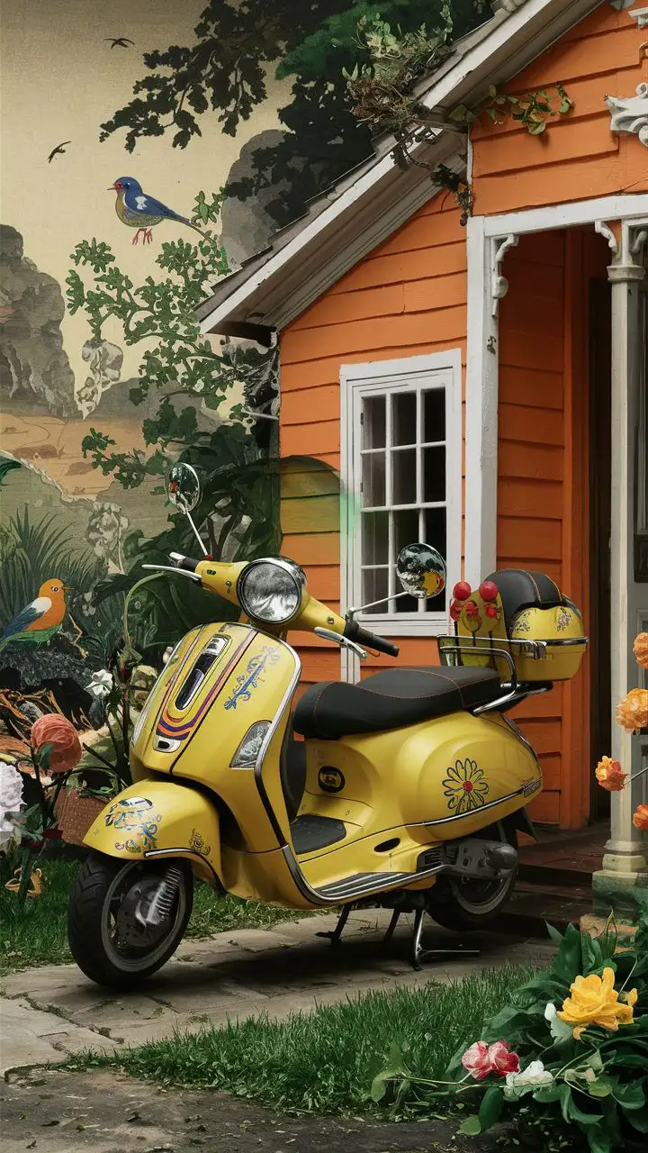 **a photo of a yellow scooter parked outside of an orange house, in the style of cyril rolando, nicolas poussin, #pixelart, realistic landscape painting , birds and flowers, traditional oil painting, sophisticated woodblock. trending pixiv style, makoto shinkai style, acrylic palette colors, render, full shot, super detailed, 8k