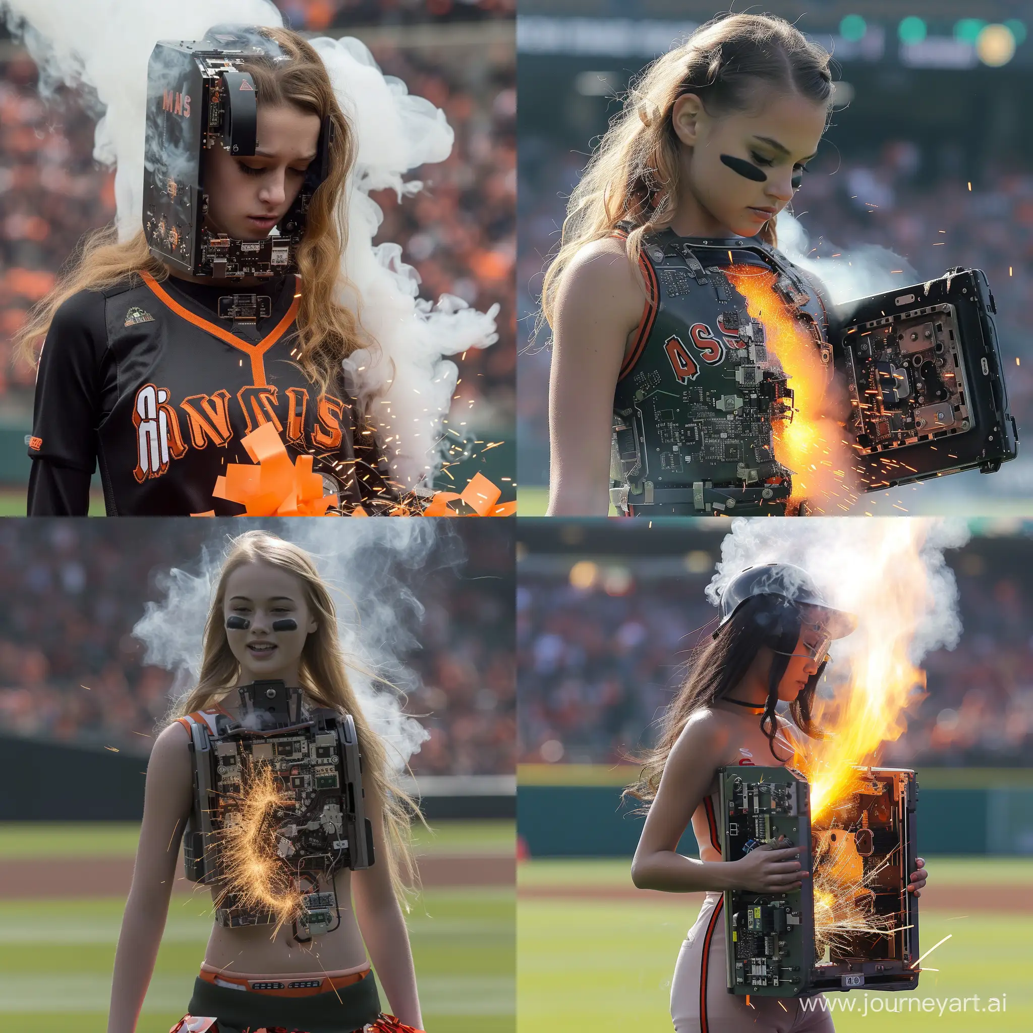 San Francisco Giants 13-14 year old cheerleader, turns out to be a robot, malfunctioning, panel open revealing inner circuitry, smoke and sparks coming out of her, almost shut down