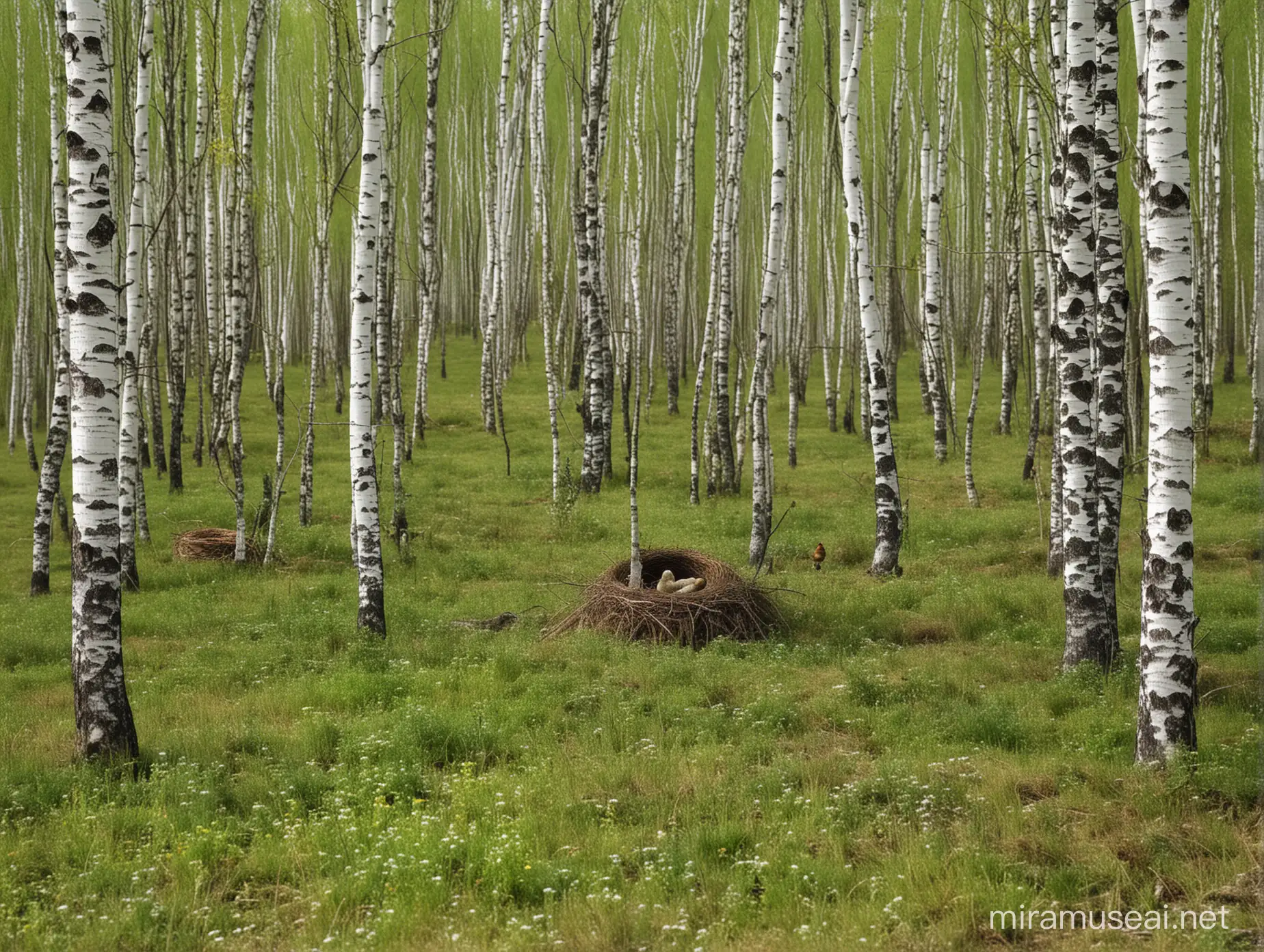 Tranquil Birch Grove with Bird Nest in European Forest