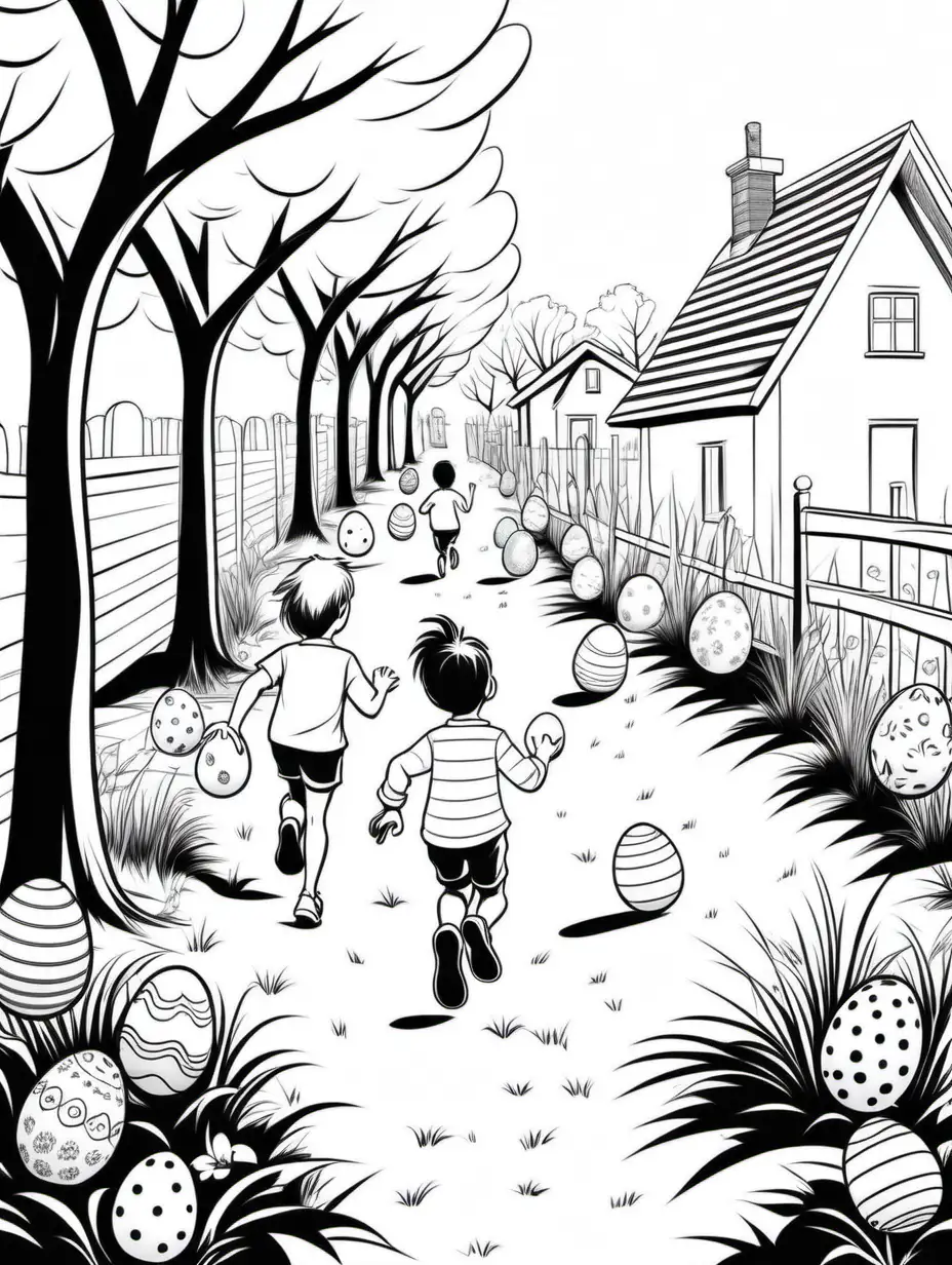 Children collecting decorated Easter eggs on easter running through the yard, spring day, for a book age range 2-12, minimalistic, with detailed illustration, black and white coloring page, white background,  ---ar 2:3: