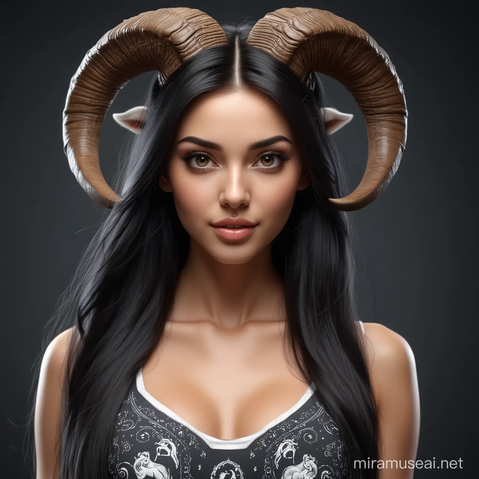 beautiful gorgeous pretty cute woman, perfect fit body, beautiful face, long straight black hair, represents the ram zodiac sign, image UHD ultra detailed, photo Hyper realistic, 8K