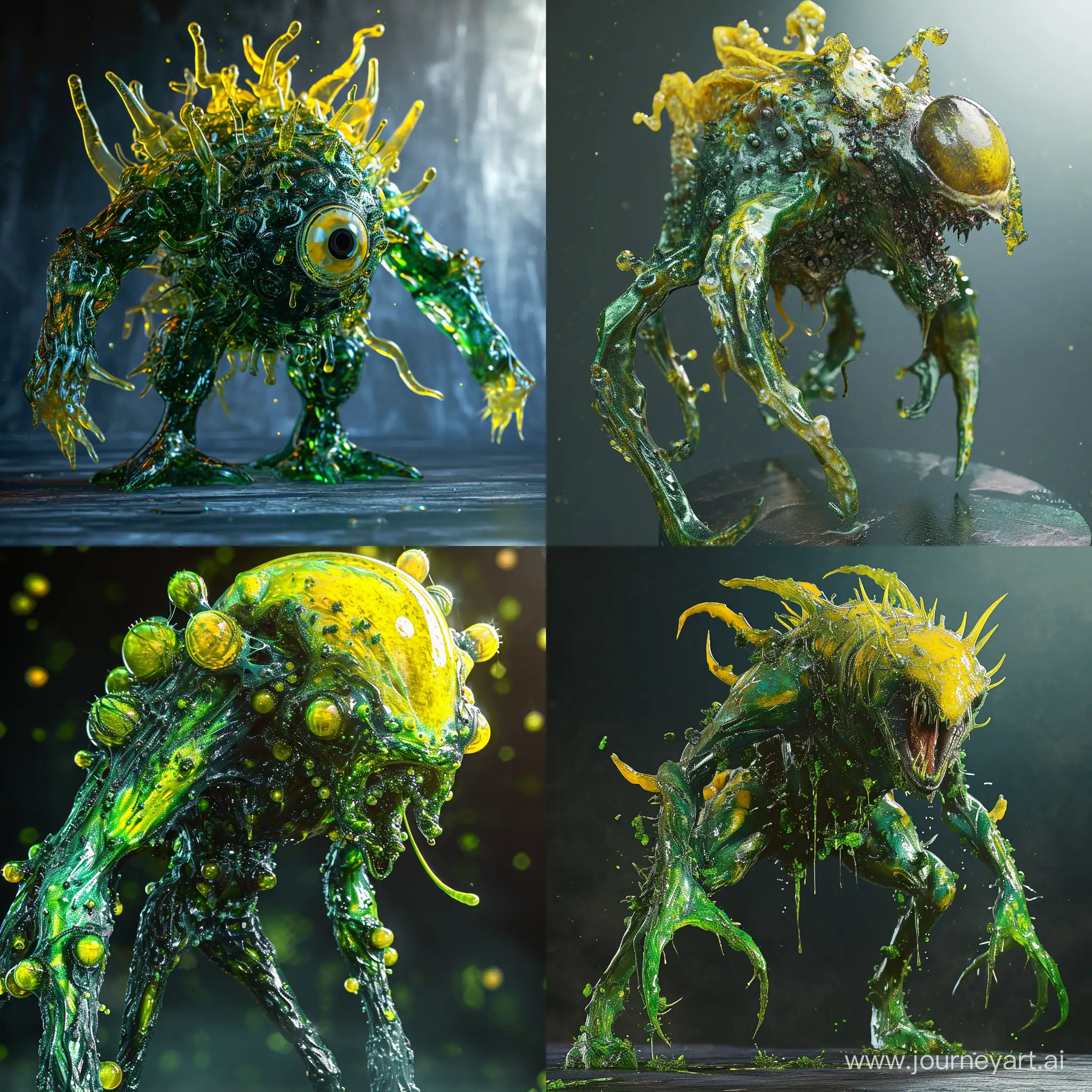 Particle monster, green and yellow, metallic, extremely detailed