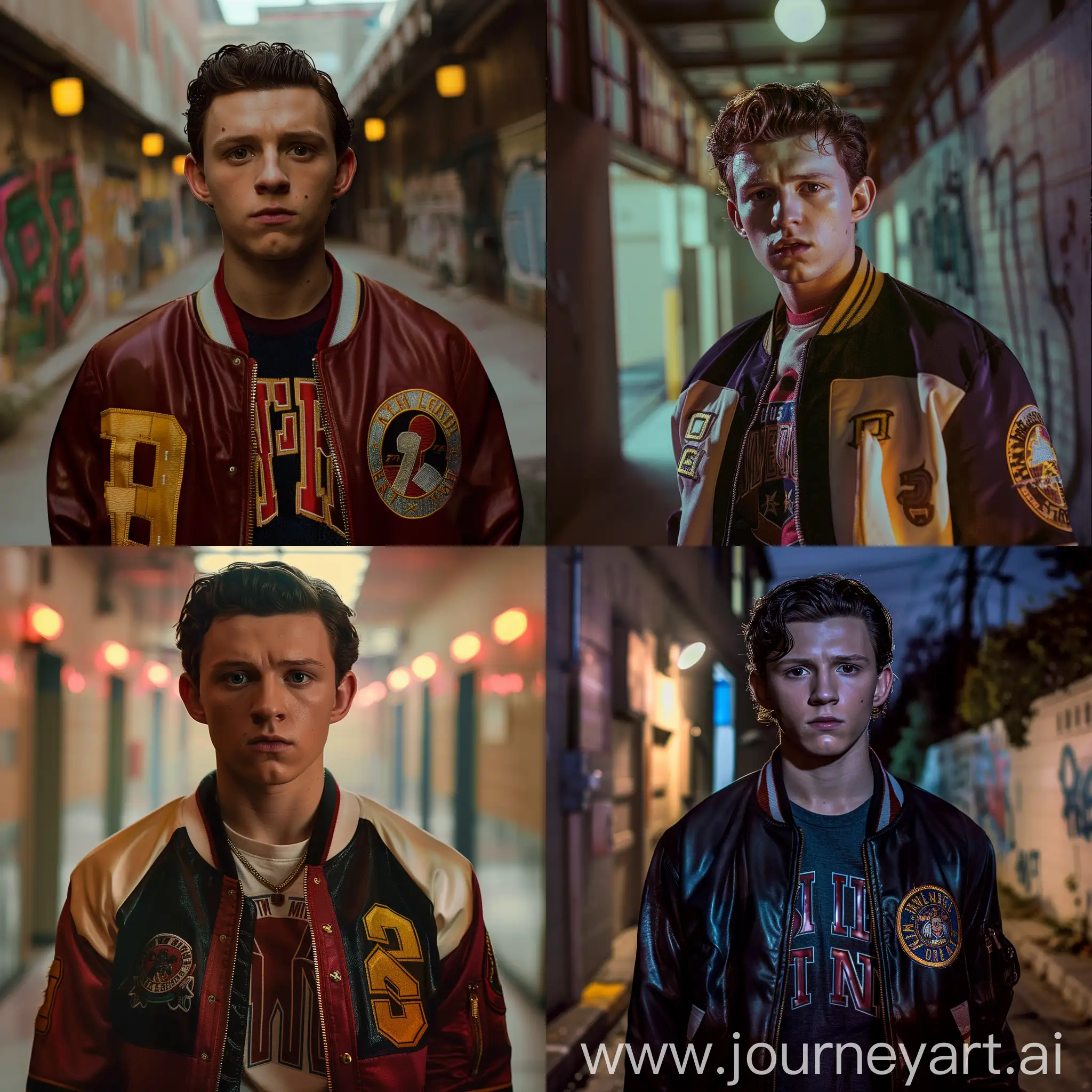 Realistic, handsome Tom Holland as a high school jock, wearing Letterman jacket, varsity team jacket, Handsome young Tom Holland face, fit jock, at an high school alley, cinematic lighting