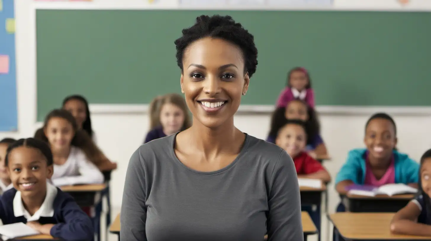 Teacher smiling at camera, background of classroom