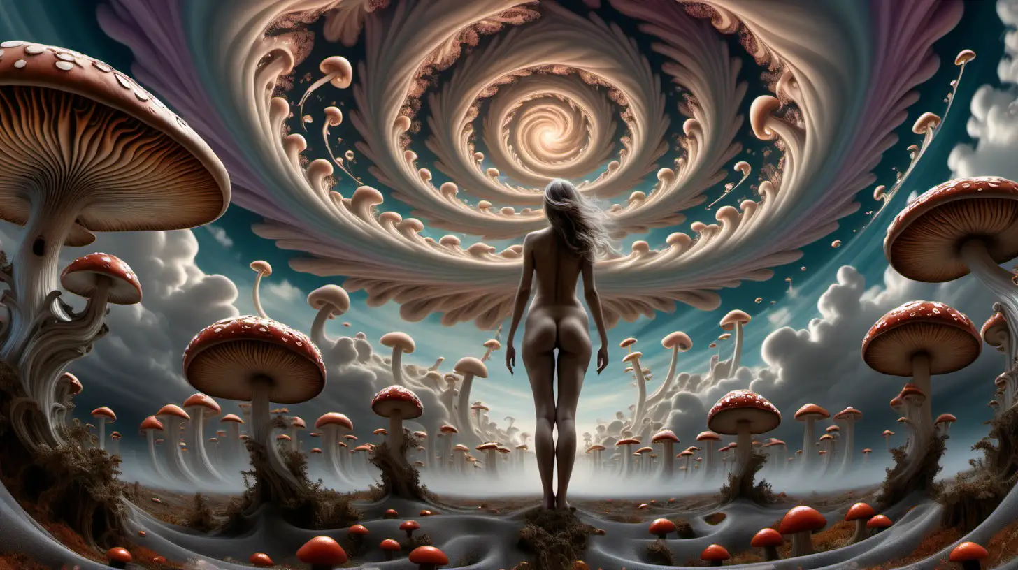 PSYCHEDELIC FRACTAL SKY WITH SWIRLING FLUID, MUSHROOMS EXTENDING FROM THE ground up to the sky on right and left, nude female figure standing in center facing the sky, hyperrealistic, moody, euphoric