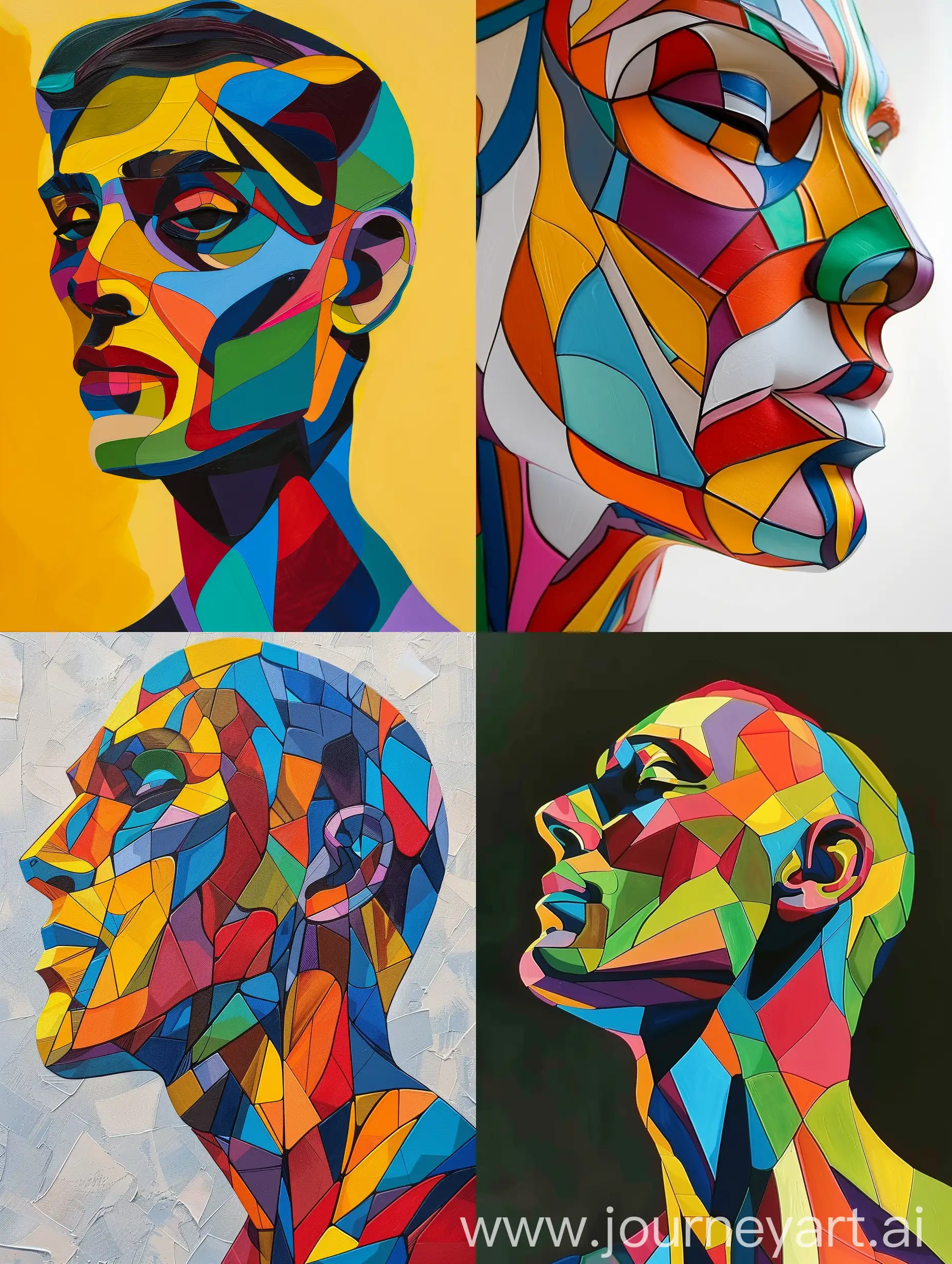 A colorful abstract portrait man sculpture,Created Using: acrylic paints, modern abstract, precise lines, smooth canvas, lively, geometric, harmonious, bold, glibatree prompt, saturated colors, matte finish Portrait by ASCII art and Alexander Archipenko
