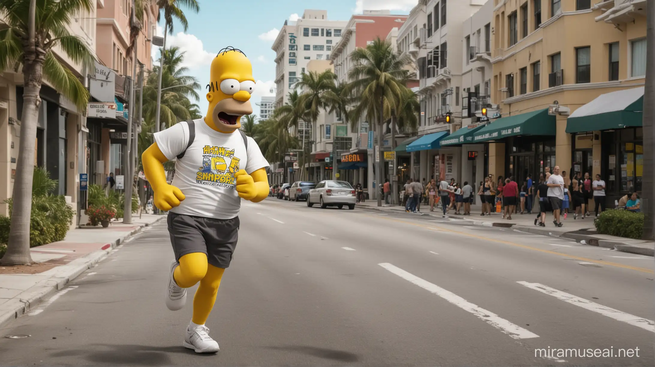 Create a animation poster "Homer Simpson Move for Hunger" and is seen Miami city buildings in the background and Homer Simpson is running a marathon, using his running outfit on the streets with a smiley face