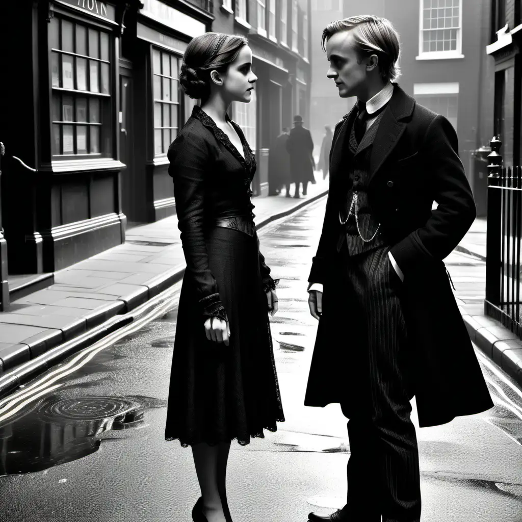 Emma Watson, Young Tom Felton, Facing each other at a distance, romantic tension, cinematic, striking and beautiful, curious expressions, bustling london street, 1920's gothic outfit 