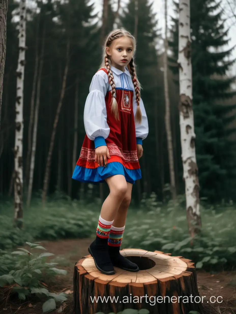 Девушка в спущенных носках и русском национальном мини-платье с длинными рукавами и косичками лезет на пенёк, полный рост
