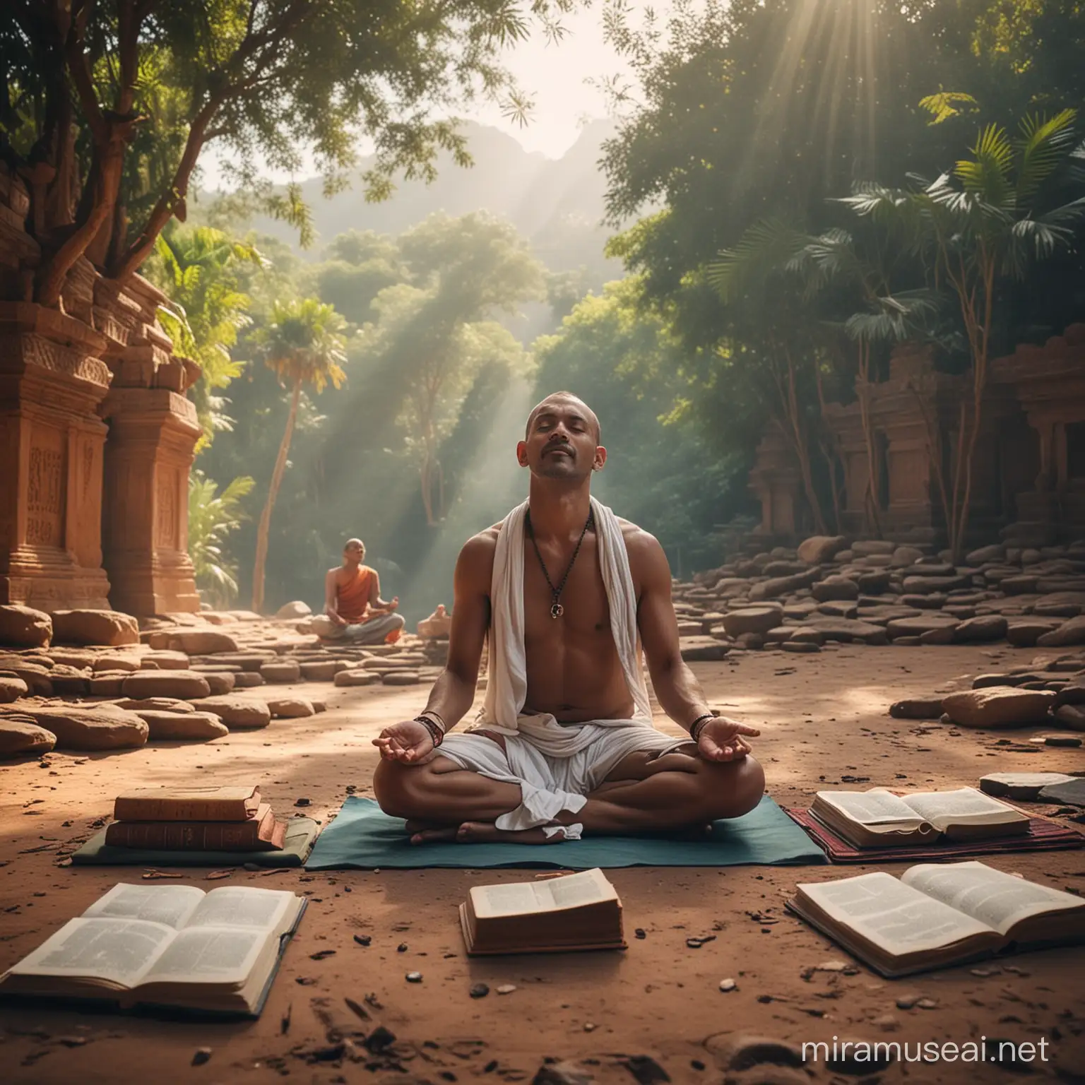 Person Chanting mantras, person  Quoting scriptures,  Discussing the spiritual books,  Sitting cross legged at an exotic locale - all these in a single frame