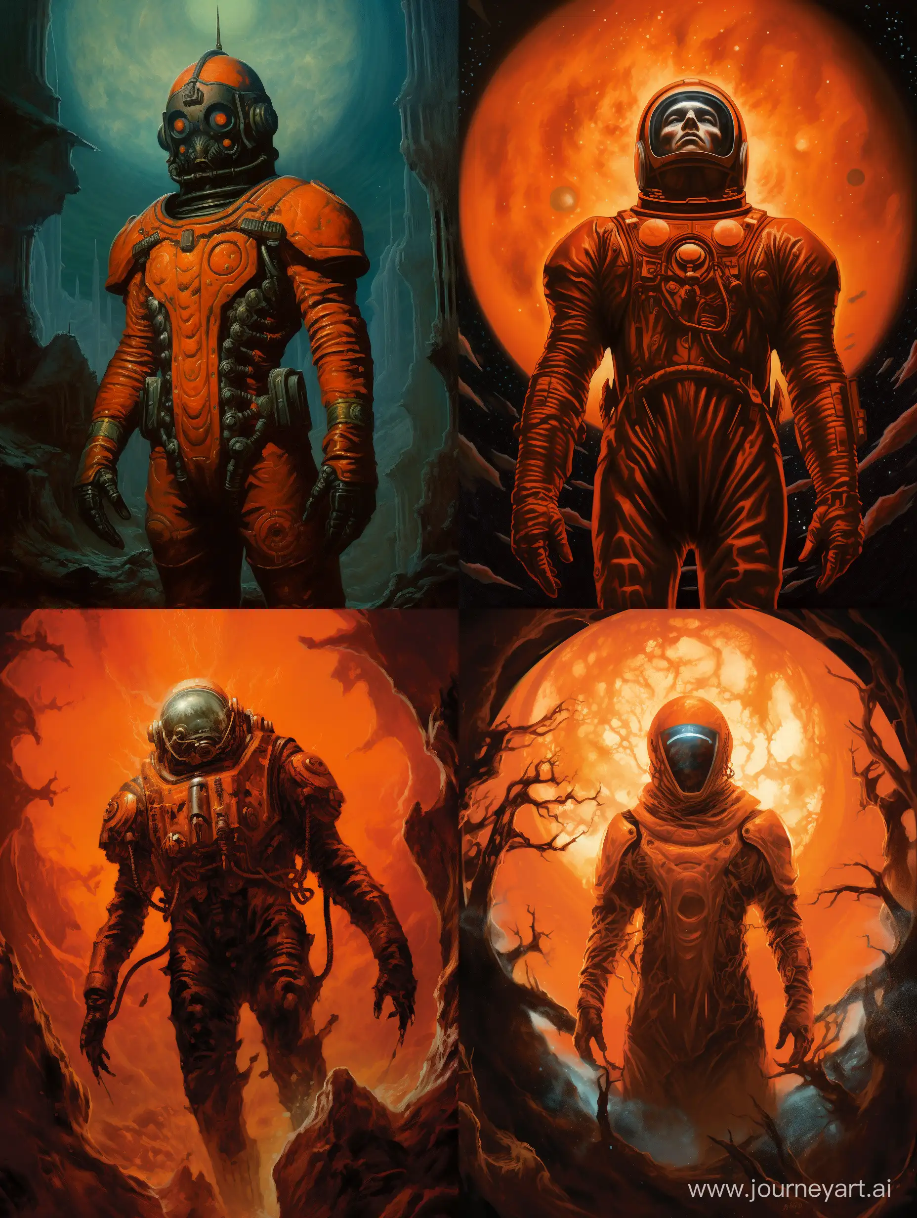 Vintage-Dark-Fantasy-Illustration-Astronaut-in-Orange-Retro-Space-Suit