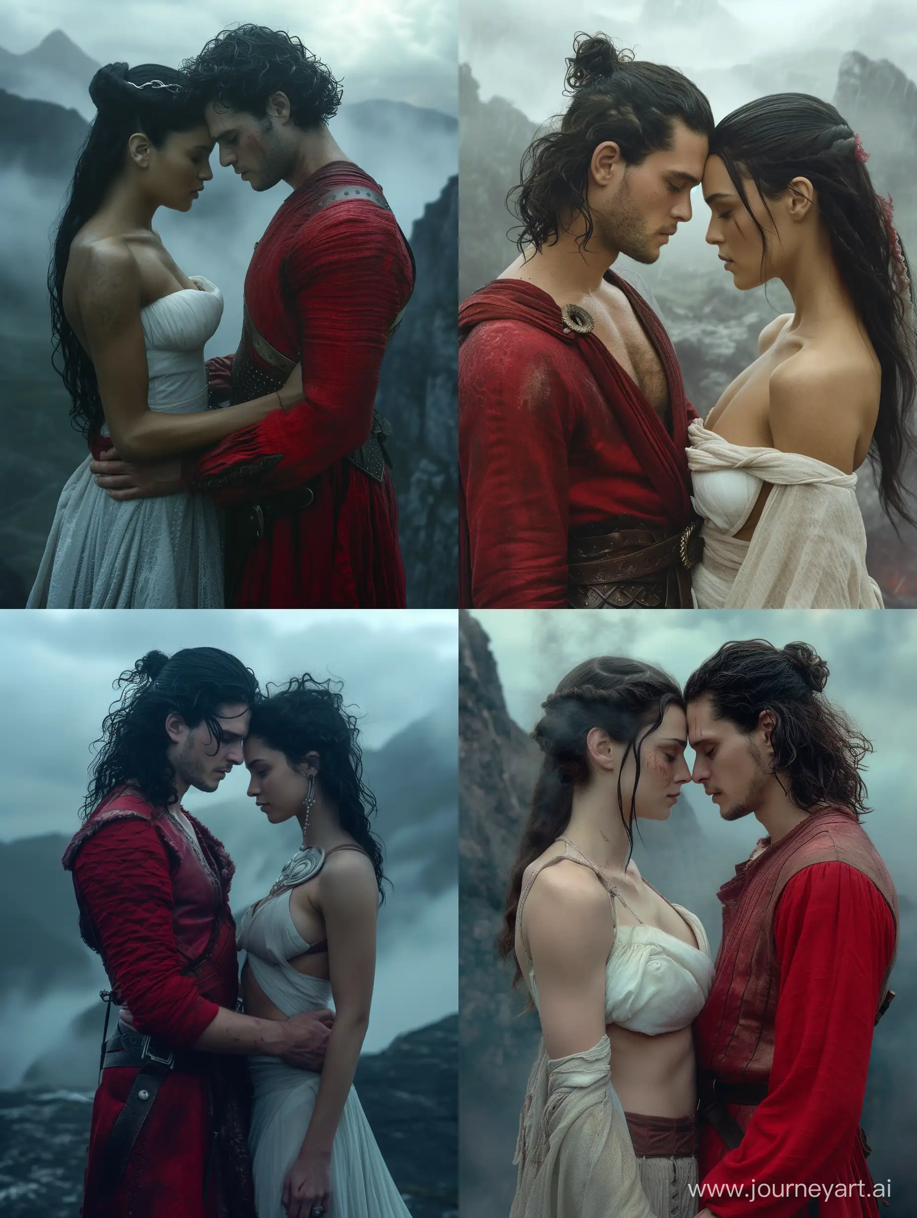 Damon Targaryen and Rainira Targaryen, they touch foreheads, they have a wedding according to Valyrian customs, they are wearing a red outfit turning into a white top, against the background of misty mountains, gloomy light 