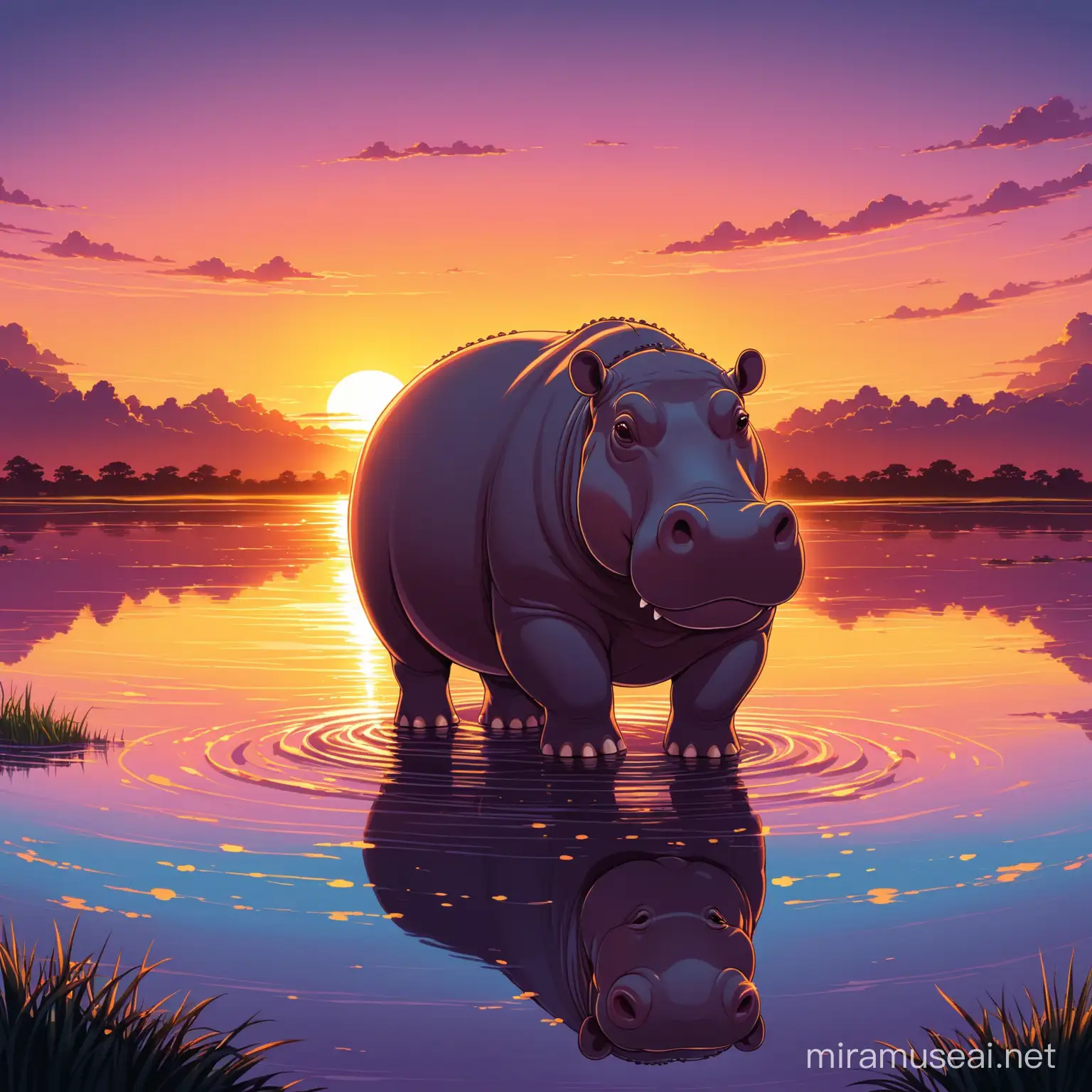 Hippo, sunset 
big in center , twielight