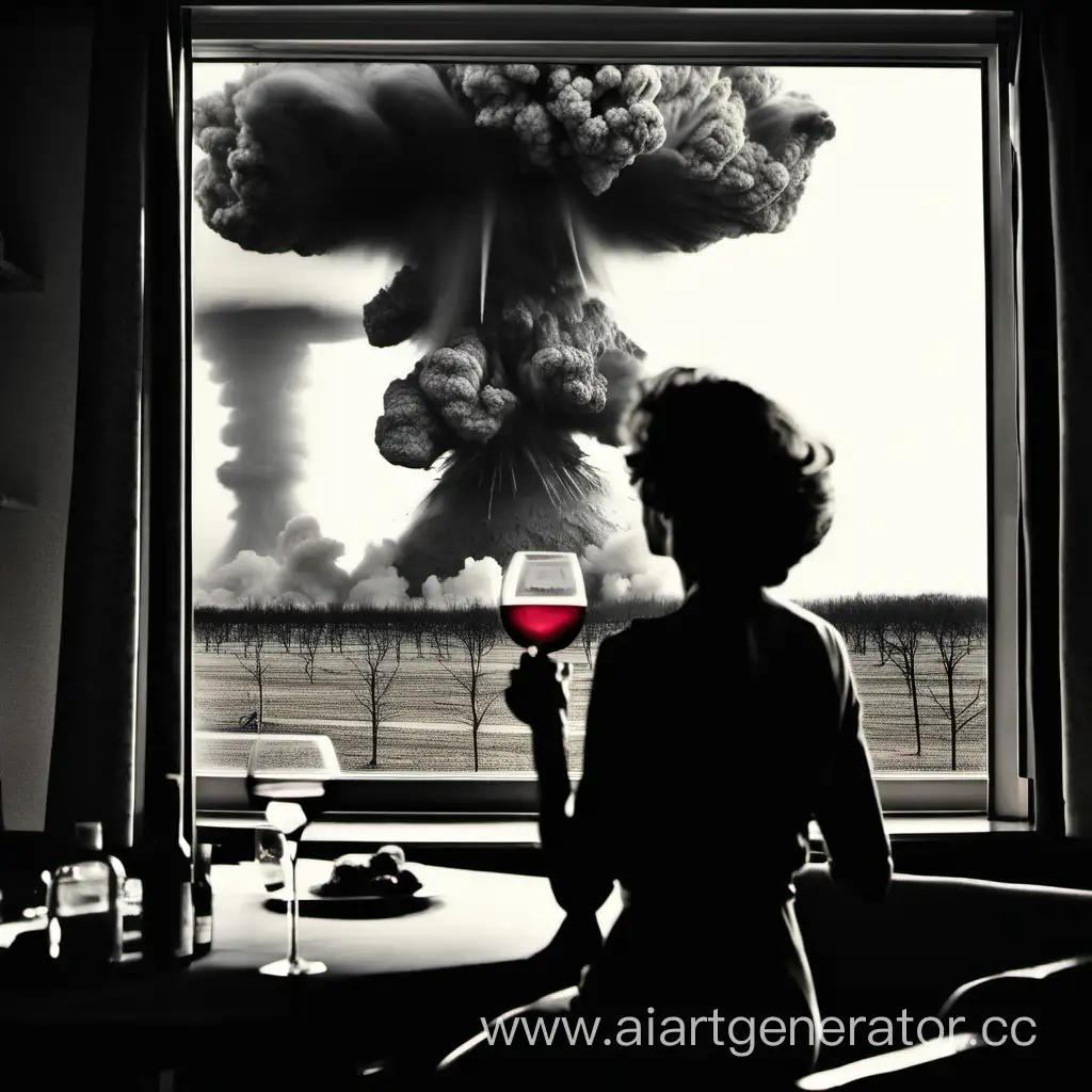 Женщина с бокалом вина смотрит на ядерный взрыа
