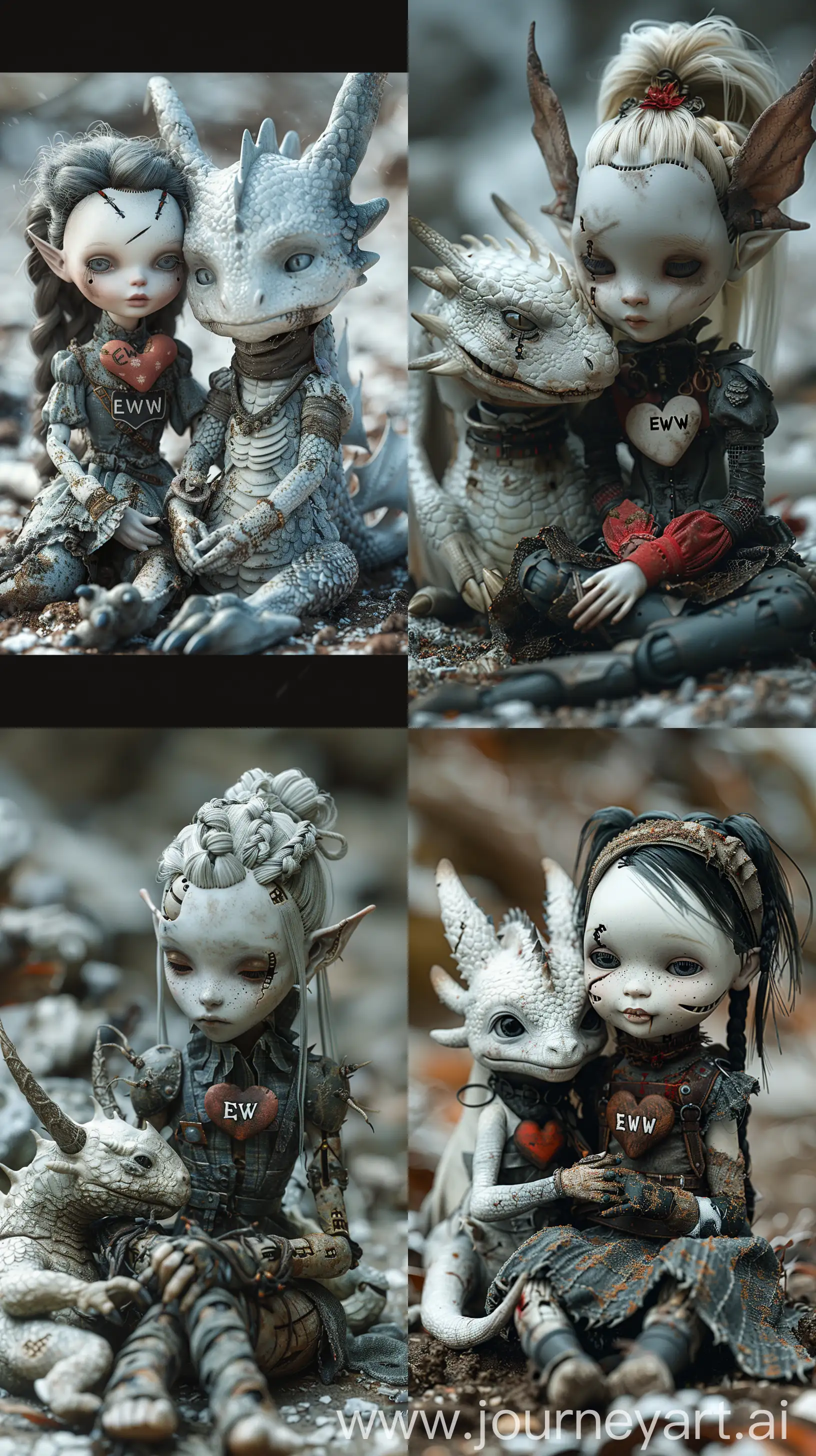Prompt/Imagine Prompt: Ultra-Wide Angle, a 3D model, a creepy but cute doll with a heart in her hands, in style of tim burton,  with pale skin and with a collar that says "EWW", sits on the ground and cuddles with an white dragon, against an ultra-realistic background with high details and surreal elements. ash and bitter,  --ar 9:16 --stylize 700 --style raw --v 6