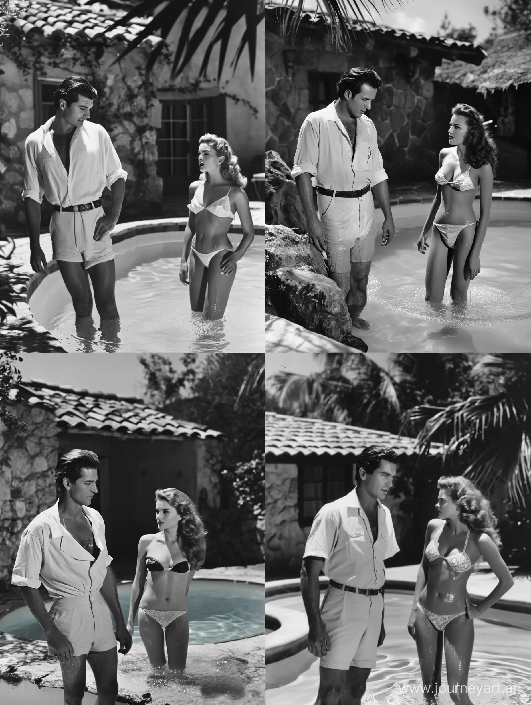 Film noir shot of a vintage 1940s handsome movie star man wearing a white shirt
standing beside a pool in a villa a yard, with a pretty 1940s female fatale woman wearing vintage
1940s bikini and soaking wet emerging from the pool, both looking at each other
