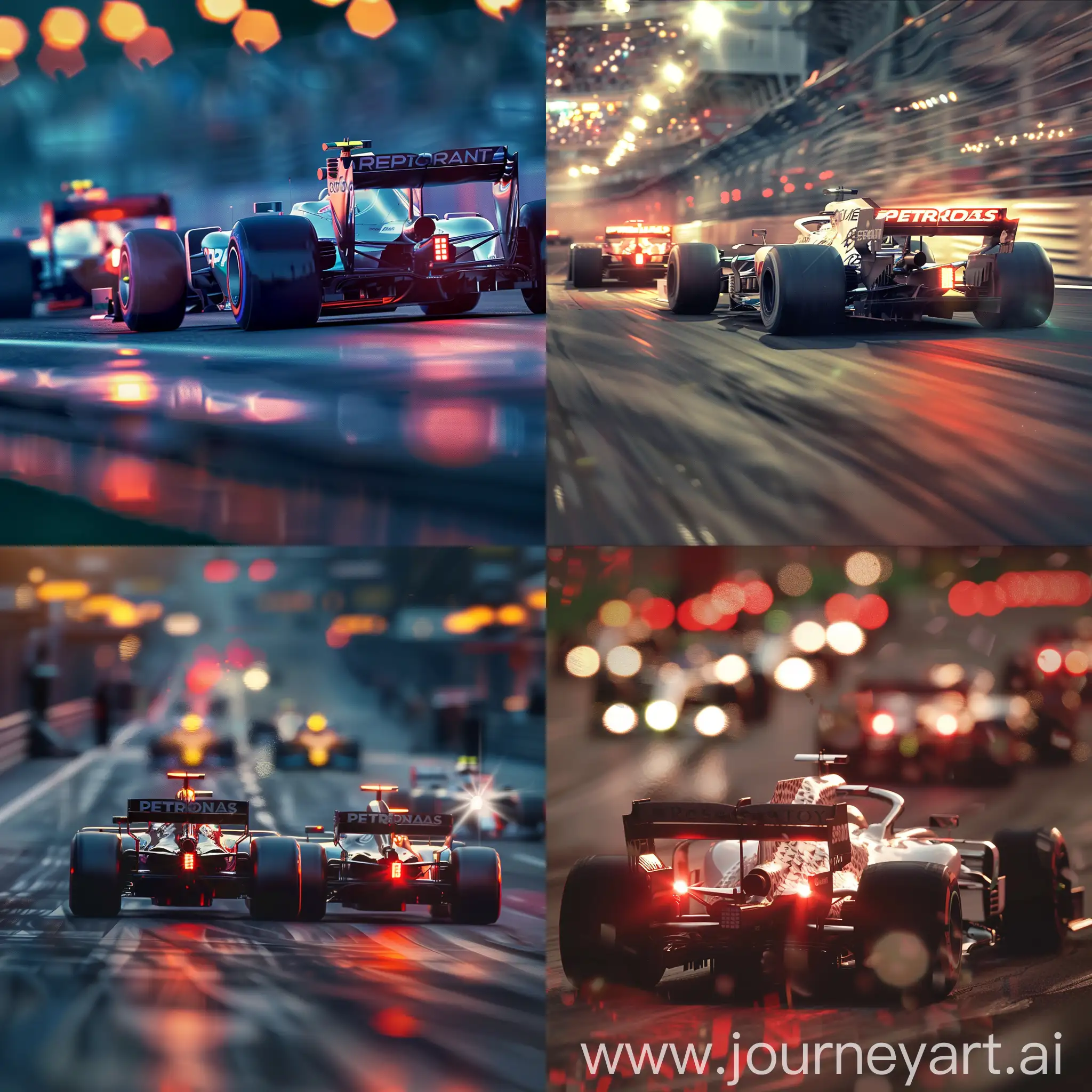 f1 cars going neck and neck on the last straight. Feature the bokeh effect of the car lights. The dynamic speed and velocity at which the competing formula 1 cars are driving agianst. 