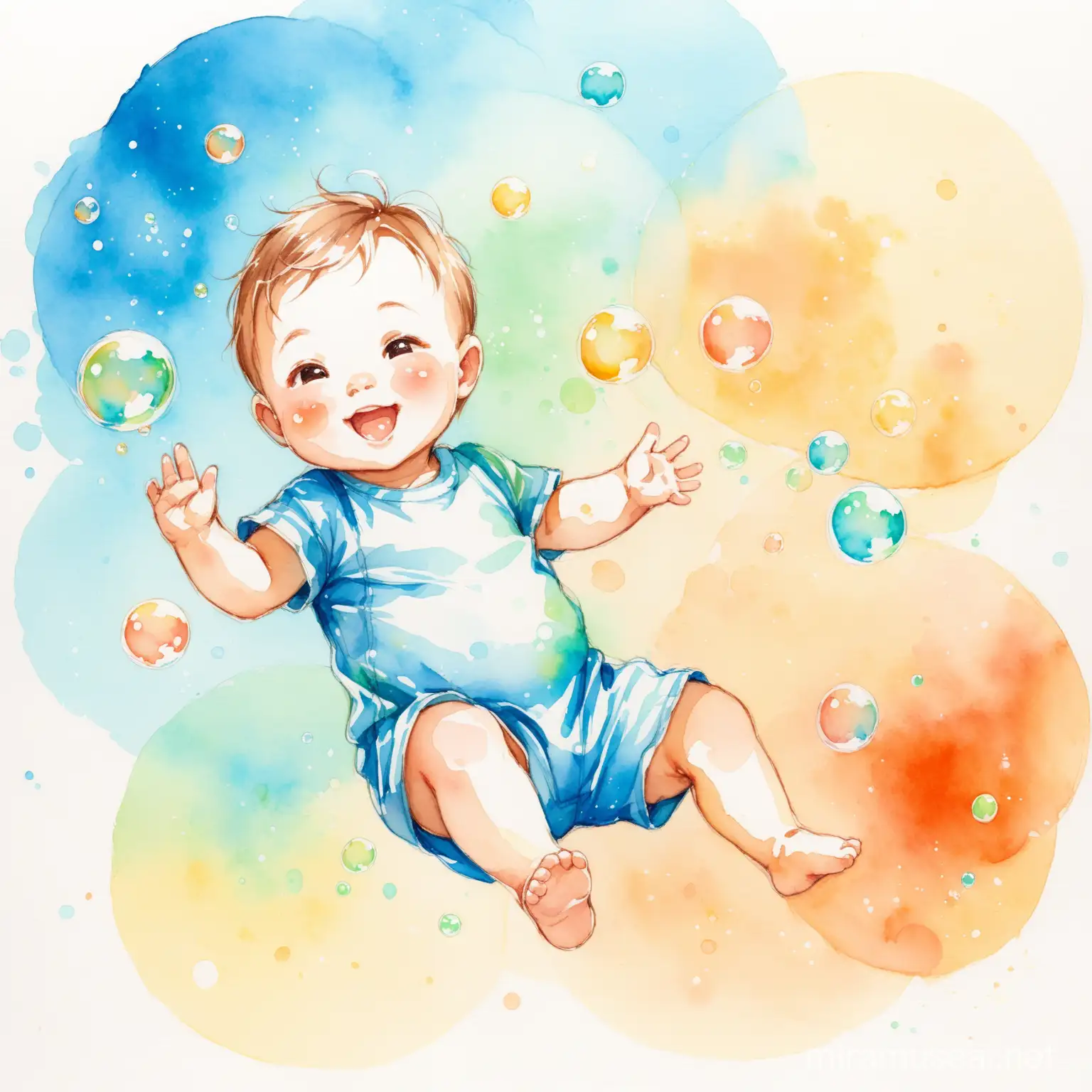 Sketch of happy baby boy 4 years old in watercolor technic . He Plays with bubbles.