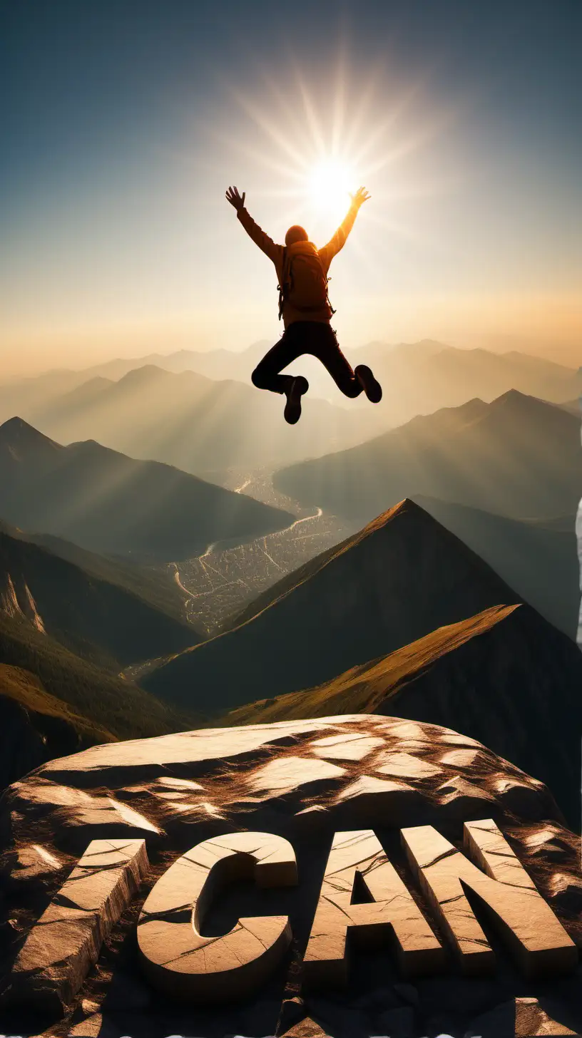 uma pessoa pulando de uma montanha para outra quase impossível pular em um lugar alto com o sol refletindo de fundo do lado esquerdo da primeira montanha escrito na pedra i can e da montanha do lado direito escrito na pedra do it