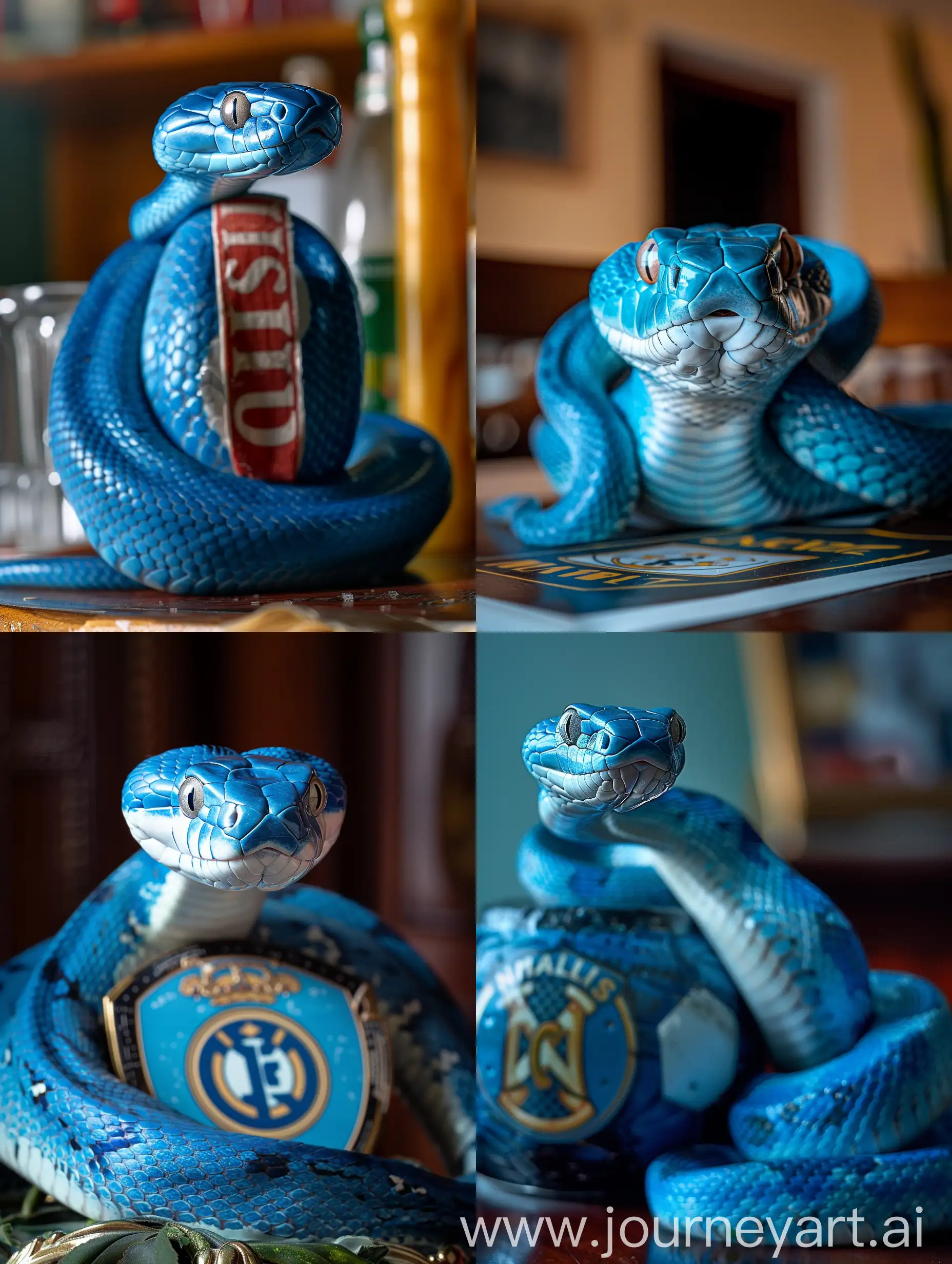 Blue snake sitting on top of the table wearing internazionale milano fc attire cinematic 60 mm lens