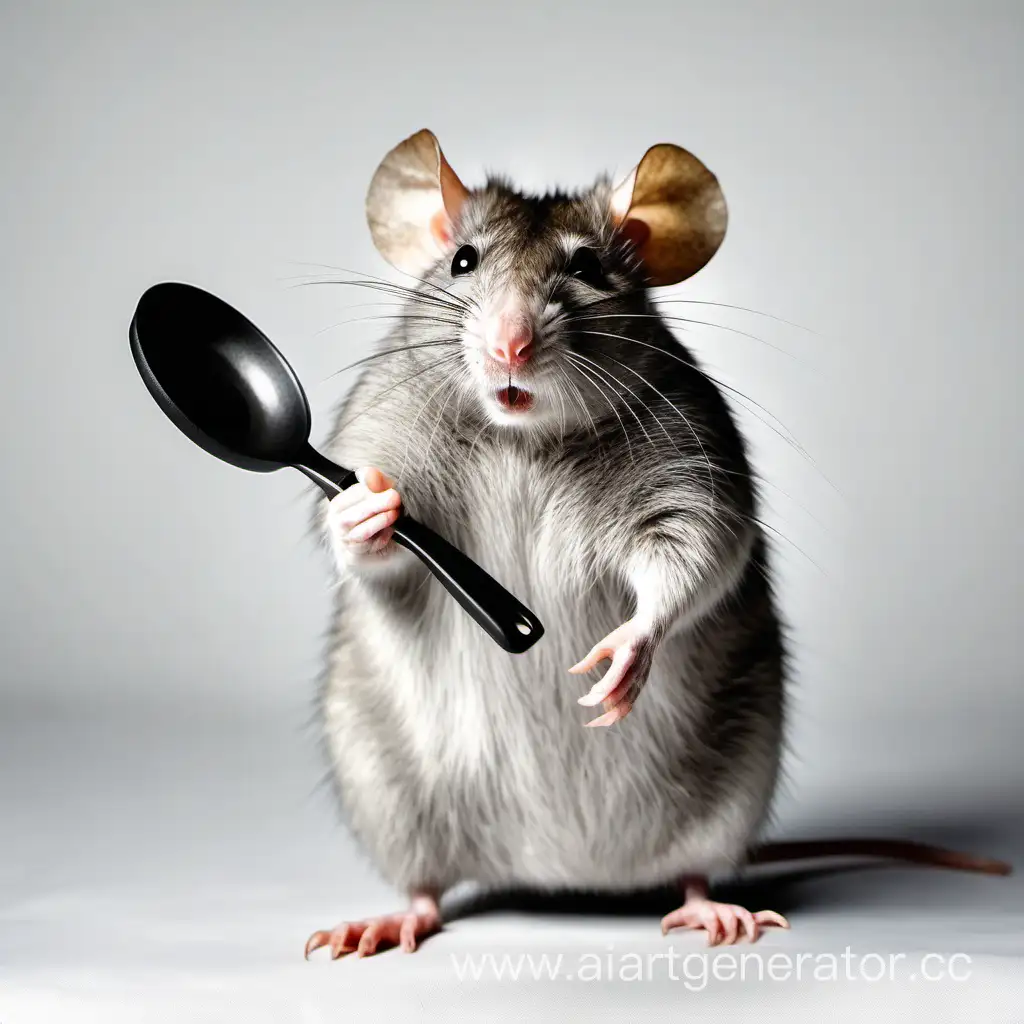 Серая толстая крыса на белом фоне в руке держит сковороду