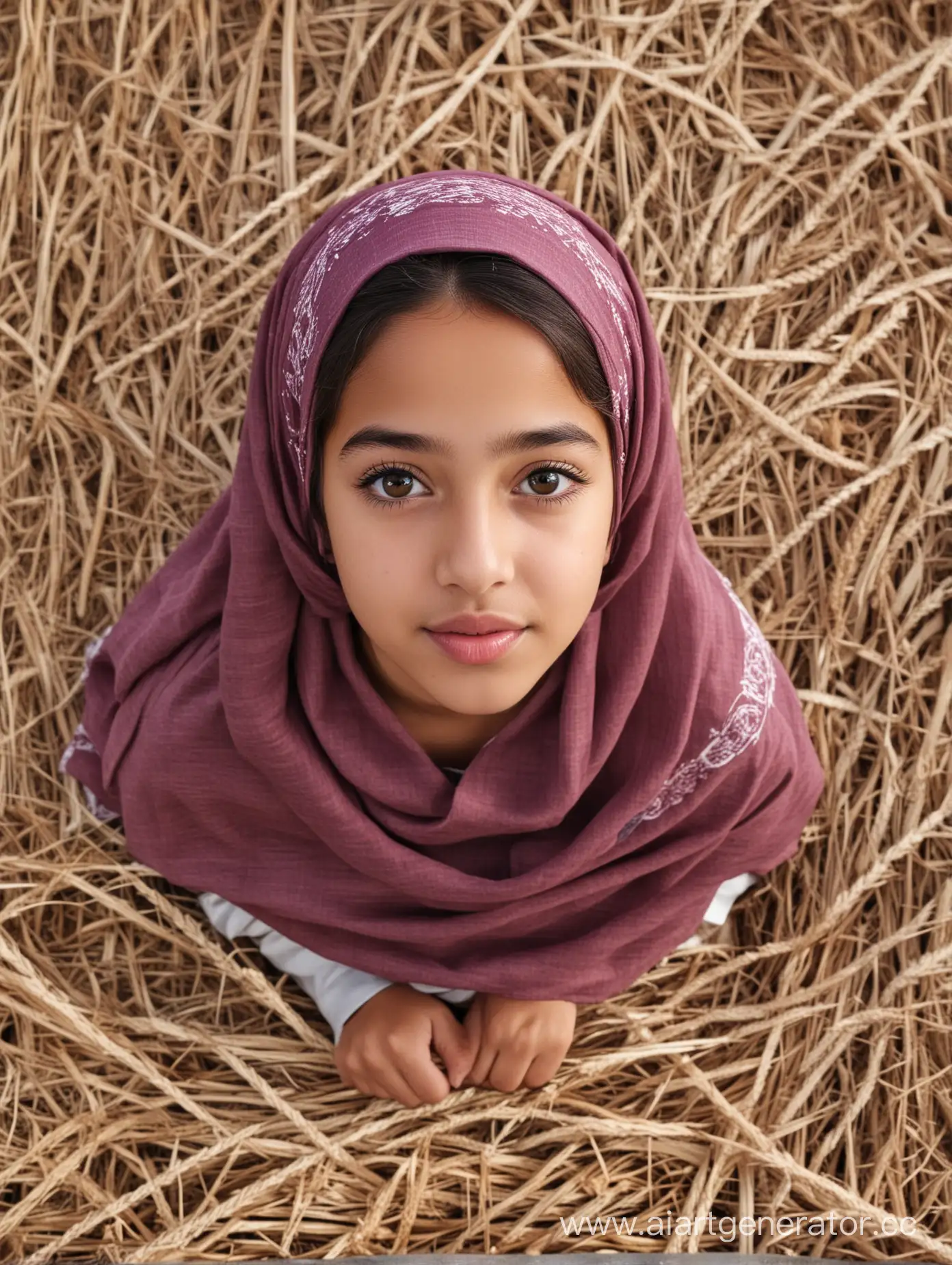 A little latina girl. 12 years old. She wears a hijab, kids wear. Her height is 130cm. Close pov shot. Close up. From above. 8k sharp. Pretty face. Sits on the hay bales. hands to the viewer. Pursed lips. So beautiful, so cute. Opens mouth.