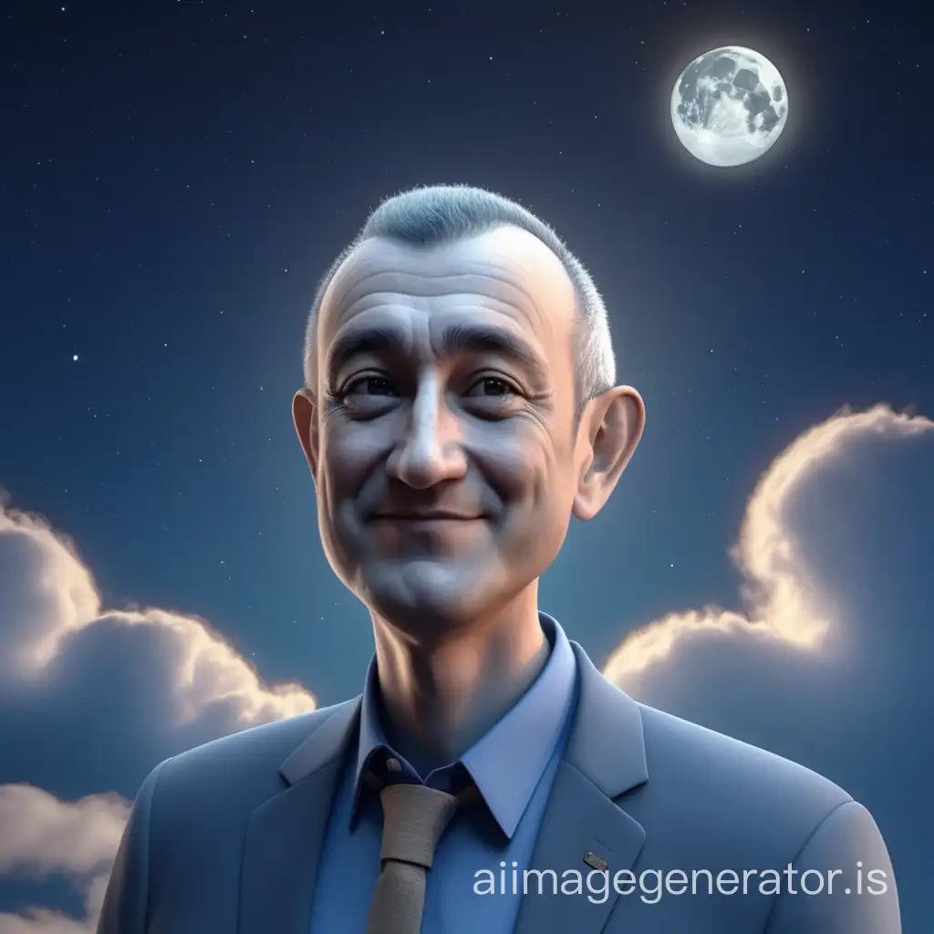 Realistic photo of a kind man. Cartoon-style 3D. Moon in the sky.