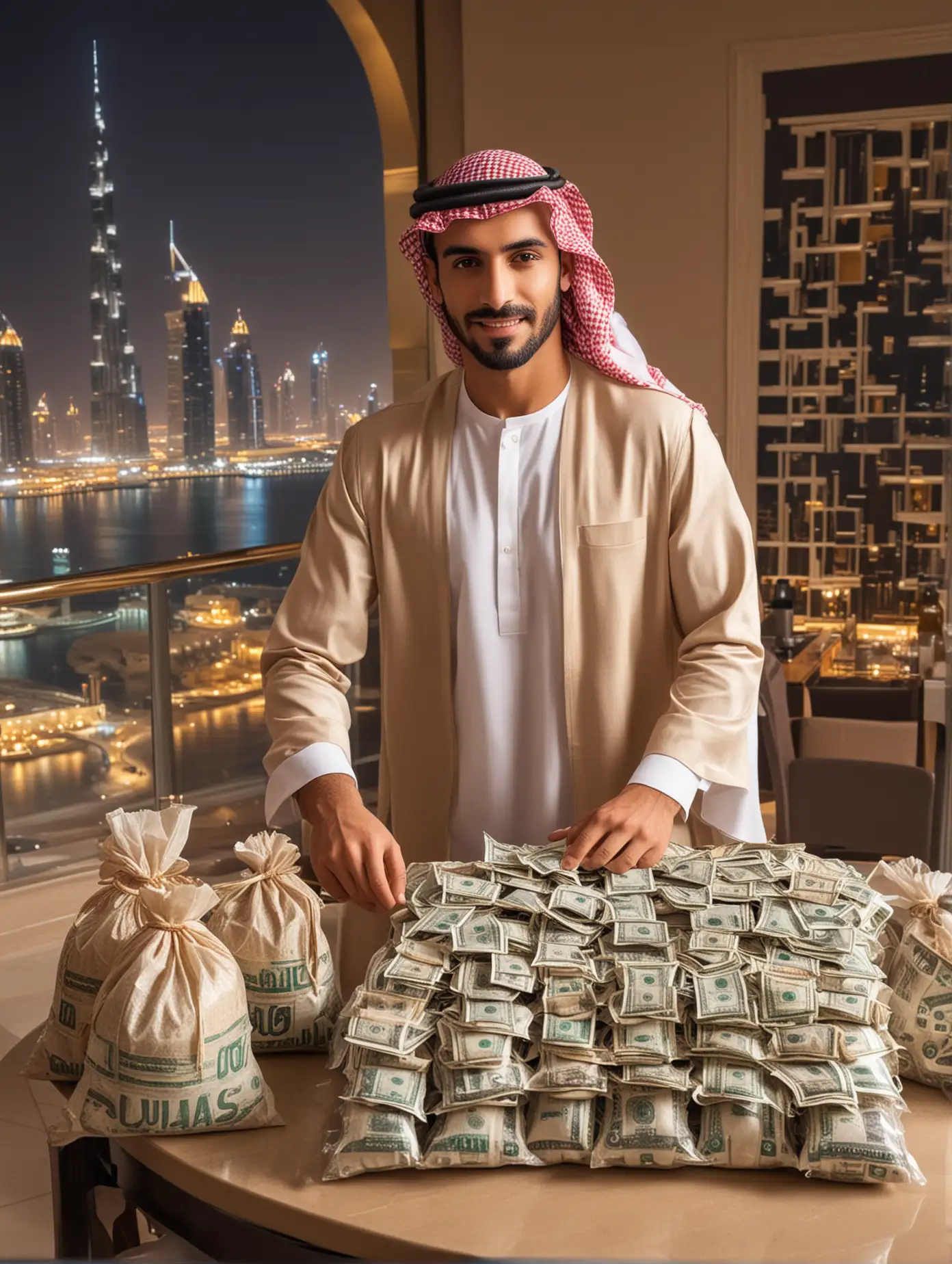 Young handsome Arab men. A luxurious restaurant overlooking Dubai. Bags of money on the table