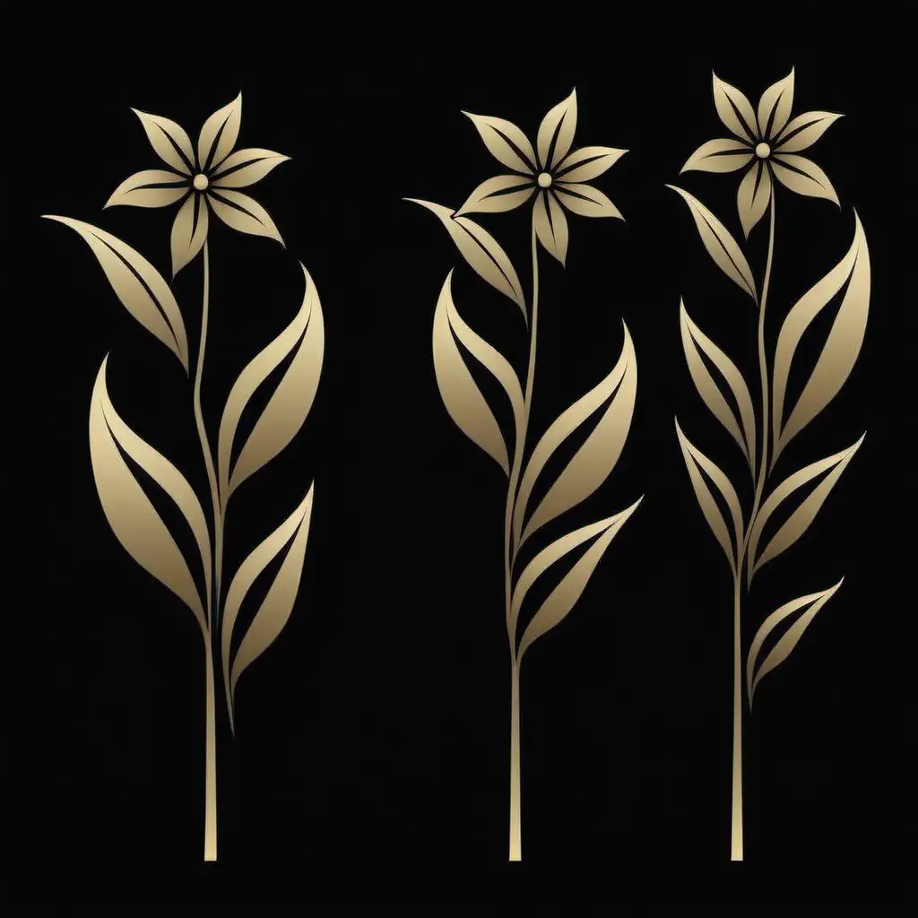 Stylized Flower Stalks with Leaves on Black Background