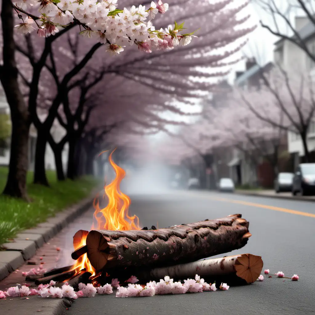 moist winds with cherry blossoms on a old road with flowers on sidewalk and a log burning on another side with some ash( make image such that it can be used as an background image for an poem to be written on it)