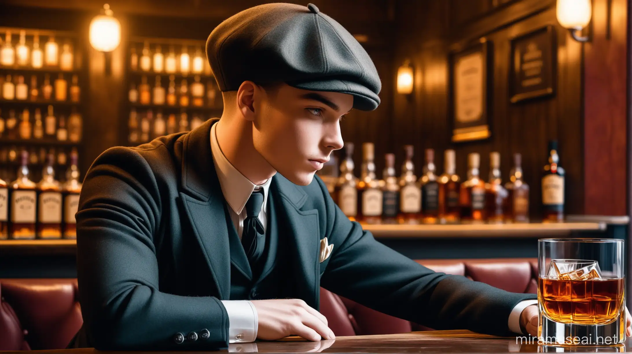 un hombre joven con ropa de Peaky Blinders, con boina, sentado en un bar, con un vaso de whiskey