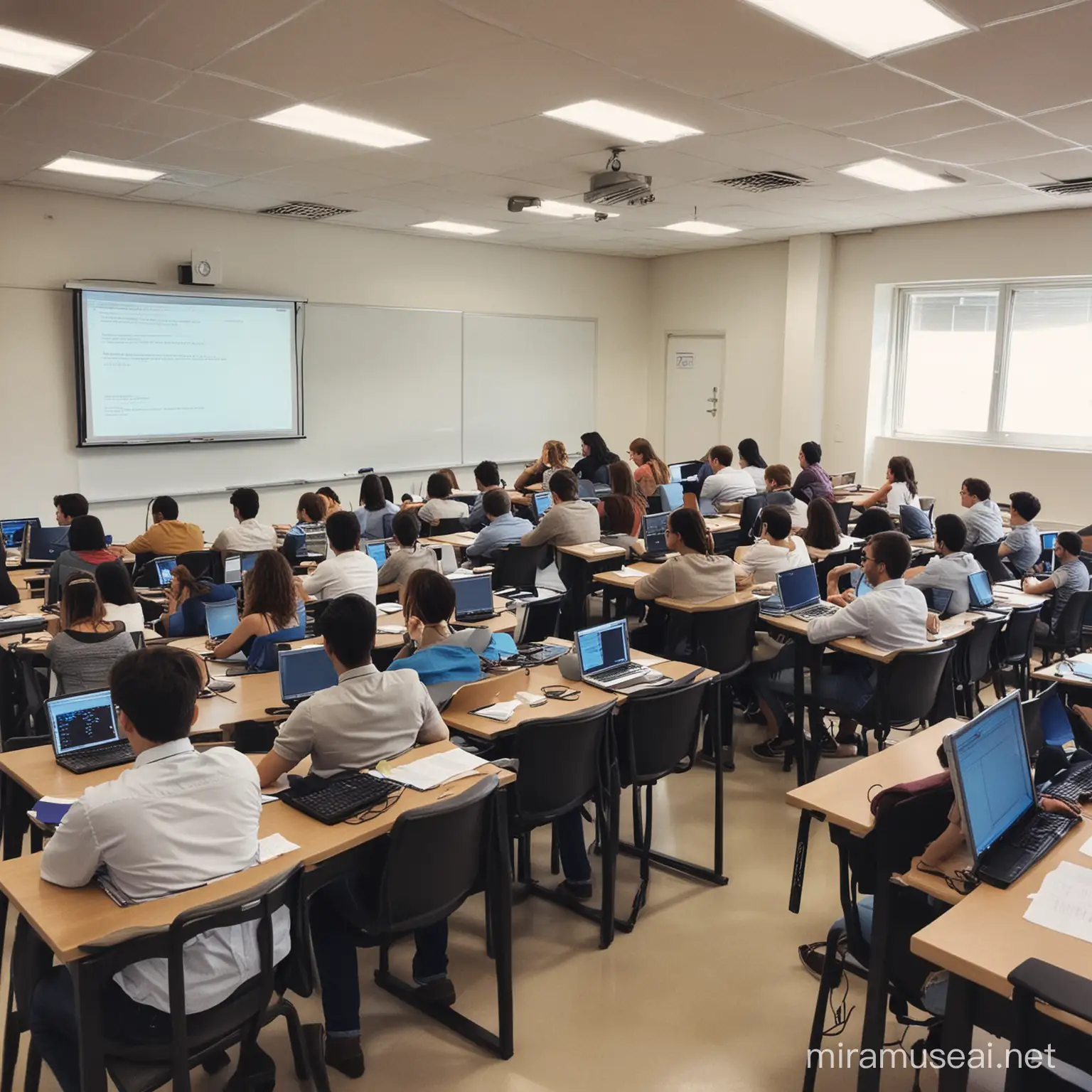 I want a photo of the university class where the professor is teaching about software at the doctoral level. I want the photo to be from a student's point of view, which means that you are sitting in class and watching the professor's teaching