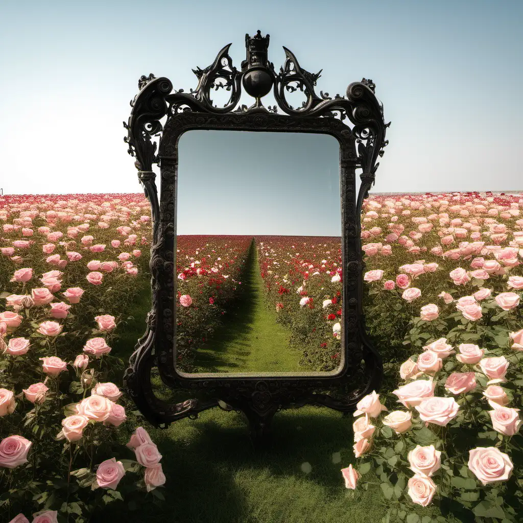 a huge ancient ornate mirror stands in a field of roses