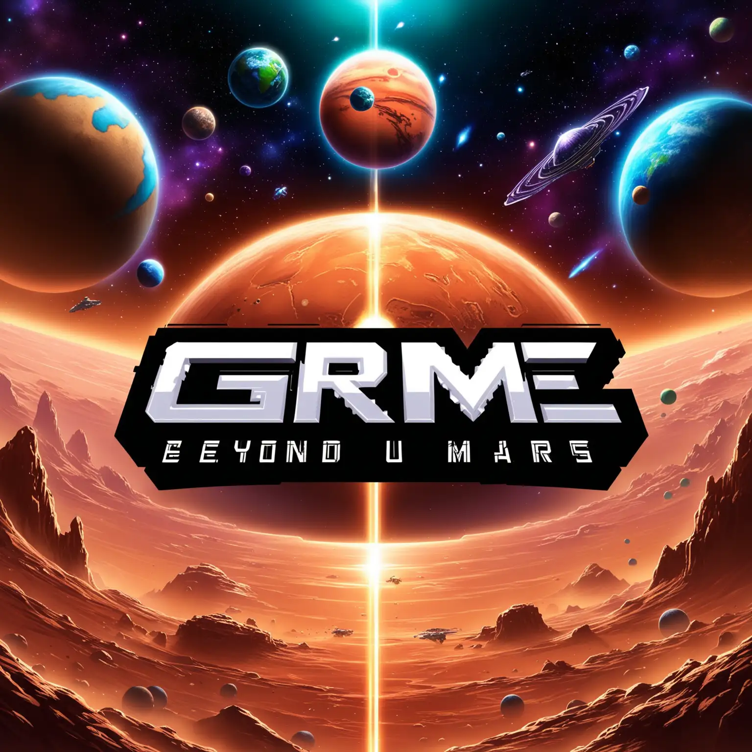 SCI FI VIDEO GAMES COVERS DELIVER US MARS, ENCASED, BEYOND CONTACT ART STYLE WITH LETTERS "GRME" ONTOP AND THE LETTERS "WRLD" UNDERNEATH FPS RPG VIDEO GAME LOGO TEMPLATE, STARCRAFT, PLANET WITH LETTERS "GRME" ON TOP AND LETTERS "WRLD" UNDERNEATH