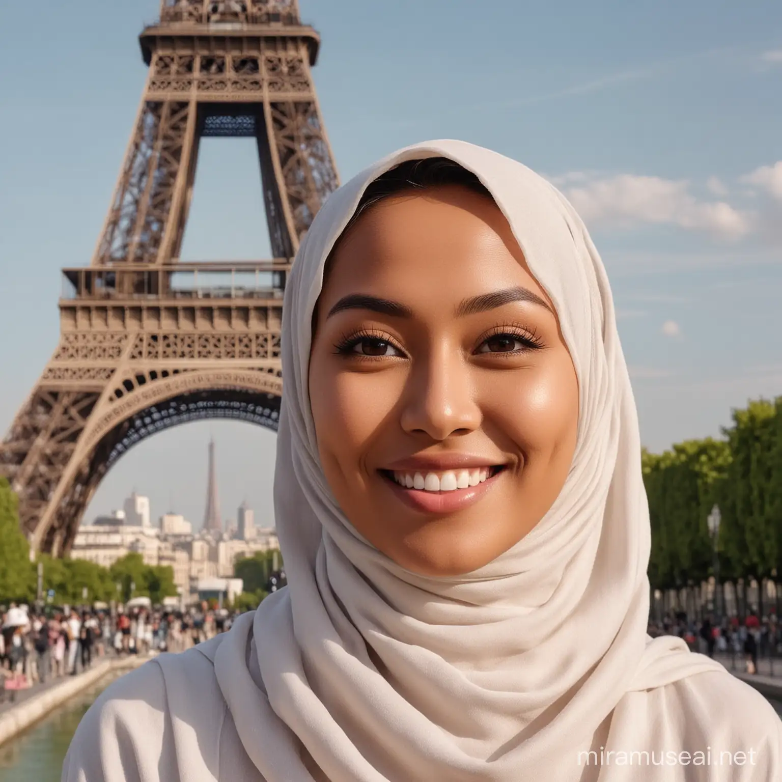 Foto realistis seorang wanita cantik asal Indonesia usia 30 tahun memakai jilbab syar'i, tersenyum menghadap depan dengan latar belakang menara Eiffel, full hd, sangat nyata, fokus tajam tanpa cacat