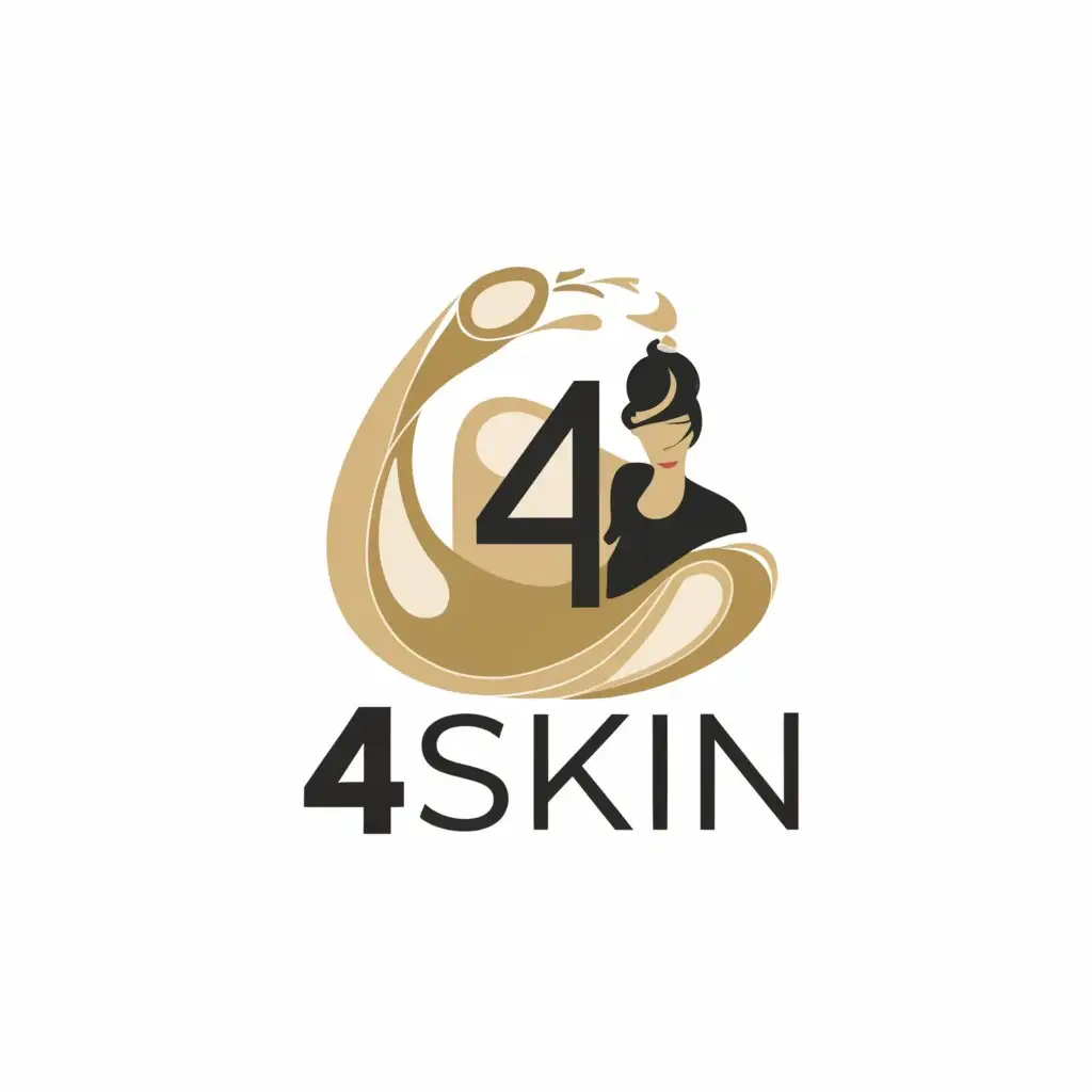a logo design,with the text "4Skin", main symbol:The numeral four. Secondary design should include milky white lotion coming out of a skin toned bottle shaped like the number 4, a creative lotion bottle, and the silhouette of a woman's face putting the lotion on her face.