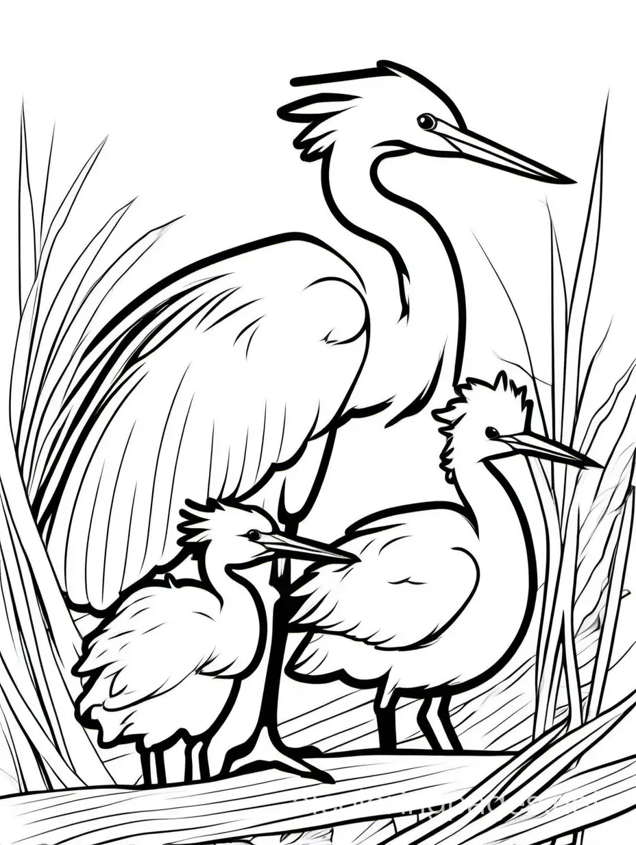 cute Egret Chick  with his baby for kids easy for coloring, Coloring Page, black and white, line art, white background, Simplicity, Ample White Space. The background of the coloring page is plain white to make it easy for young children to color within the lines. The outlines of all the subjects are easy to distinguish, making it simple for kids to color without too much difficulty