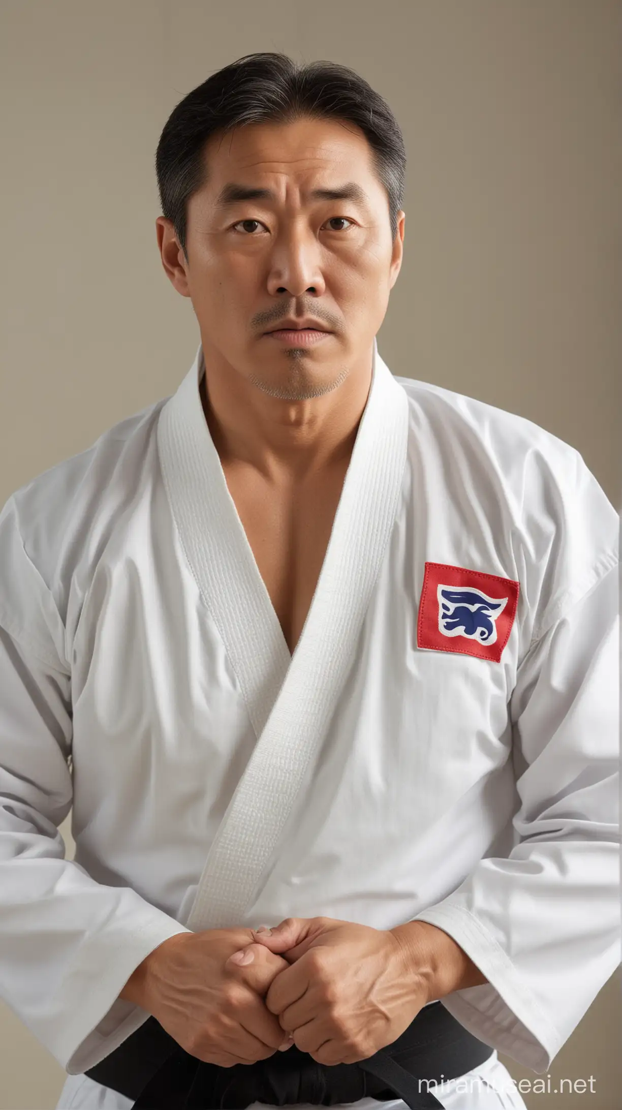  middle age Korean Taekwondo teacher ,in his dojo ,  serious expression