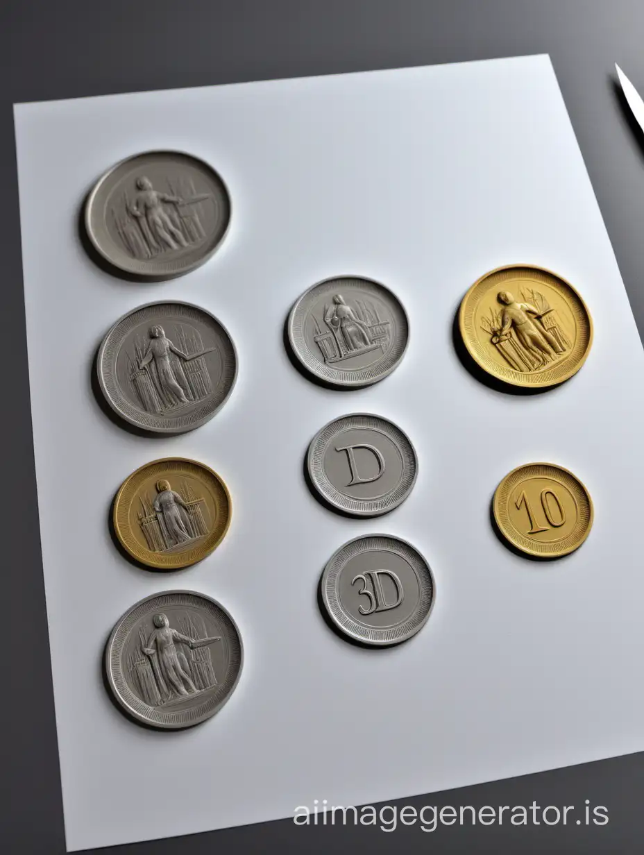 3d coins with measures on A4 paper ready for cutting with scissors
