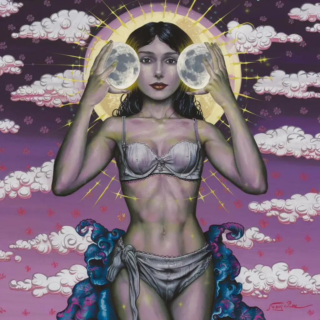 The painting of a half-naked girl has a cloth bra, the girl is holding the moon with her hands, the moon is bright.  Purple sky background with white, pink clouds, high detail Mark Ryden, Mark Ryden style, Mark Ryden style, Yoshitomo Nara, Mark Ryden style, inspired by Mark Ryden, Japanese pop surrealism, by Mark Ryden, Japanese pop surrealism  , art by Jana Brick, by Jason Trauca, Low Pop Surrealism