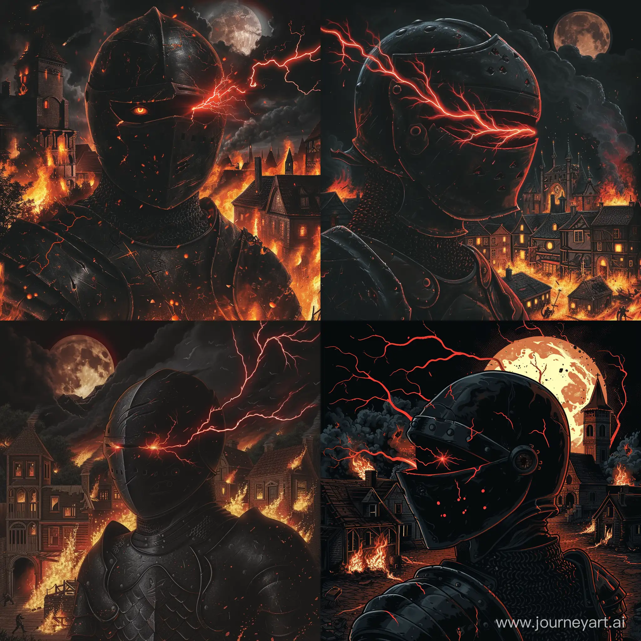 a black knight with brown-red glowing eyes, red lightning is beating from his eyes, a war fire is in the background, houses are burning, buildings in the medieval style, the sky is black with a blood moon