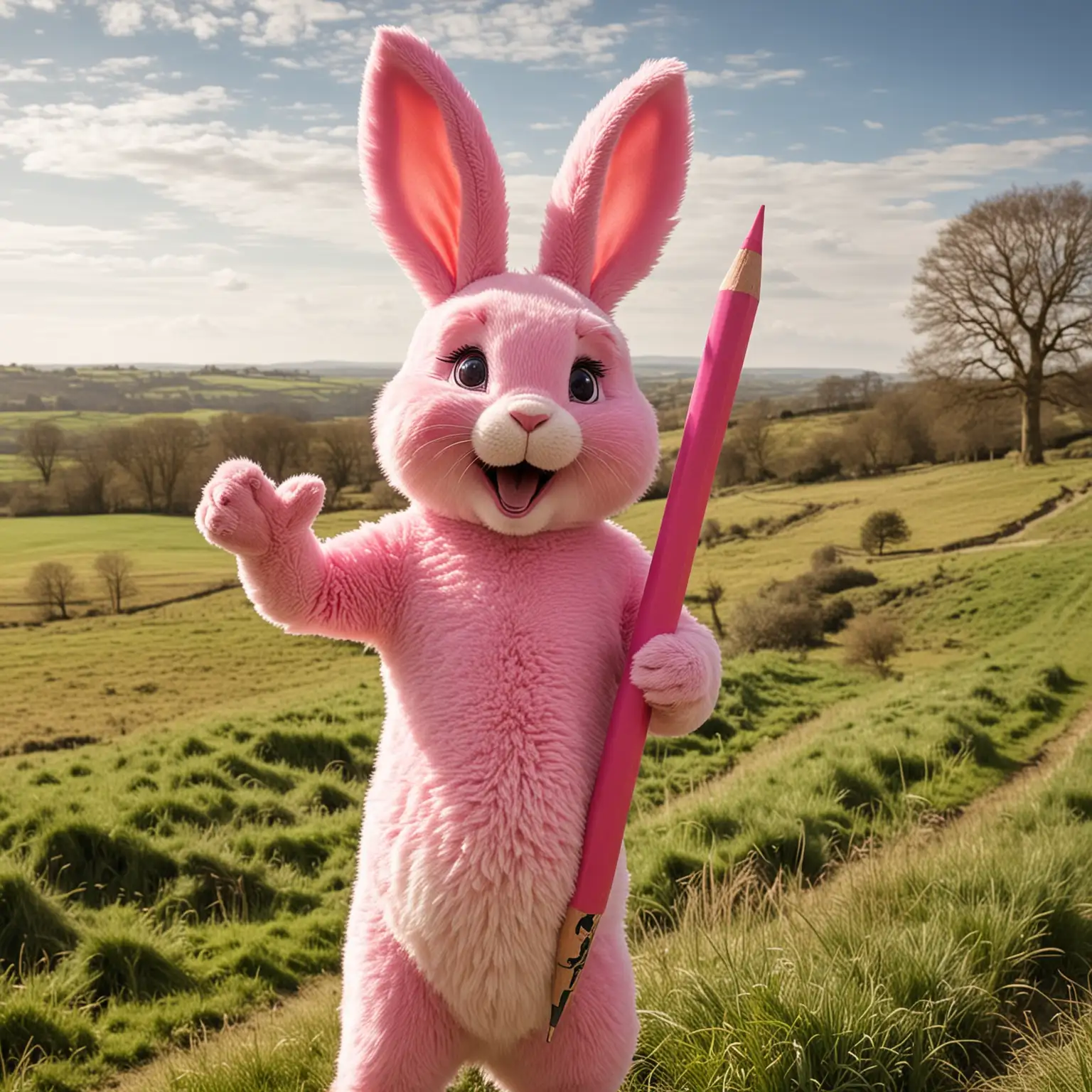 excited pink easter bunny with giant pencil in the English countryside